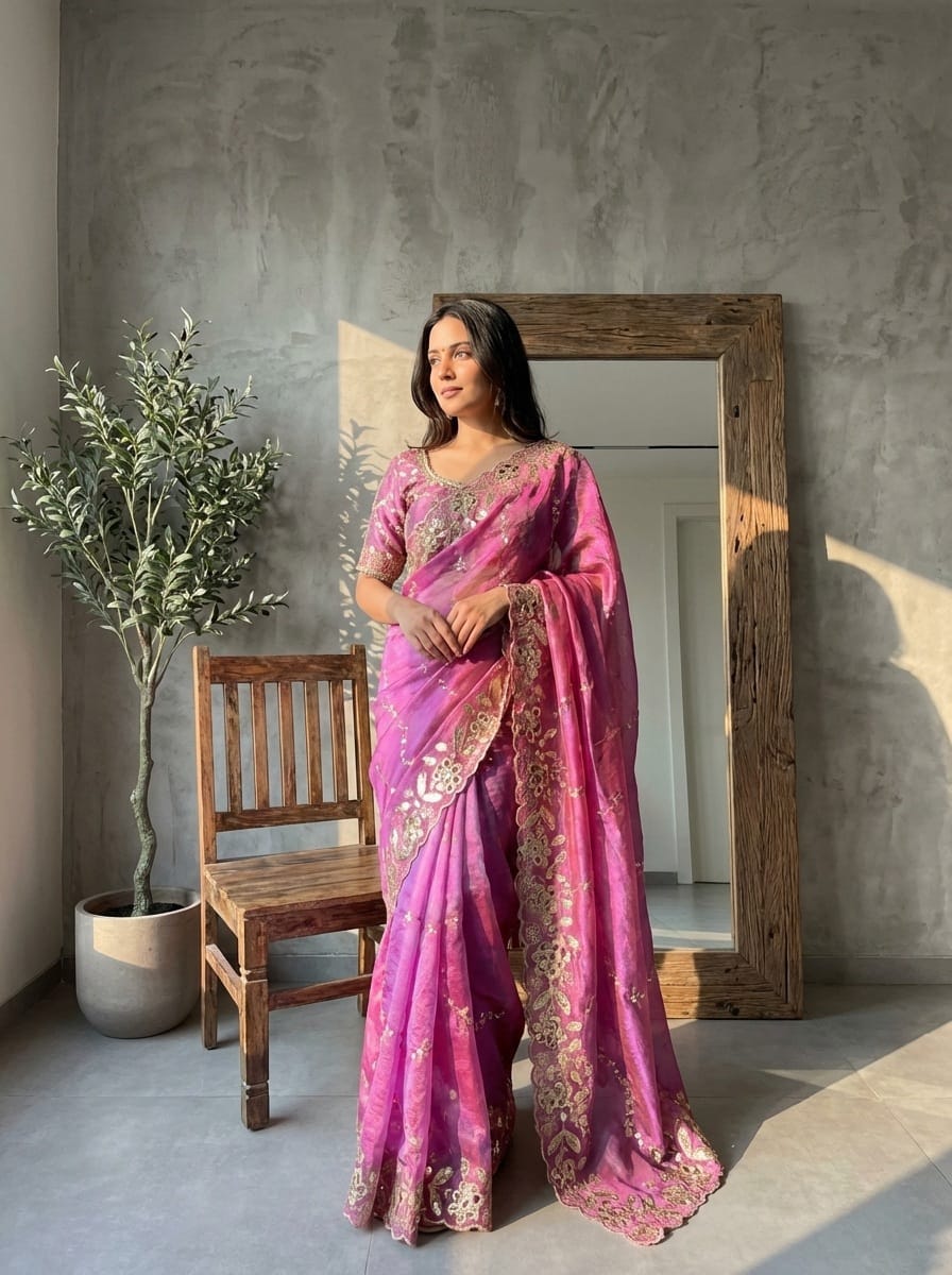 Fantabulous Party Wear Chiffon Embroidery n Cutwork Border Designer Saree For Wedding