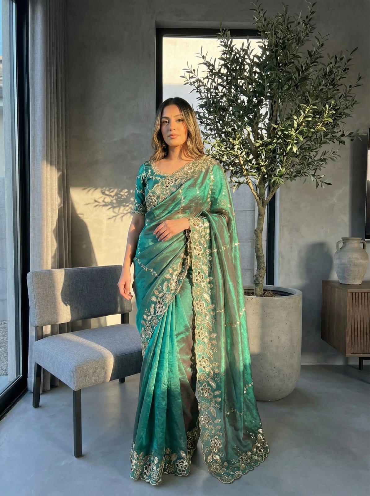 Fantabulous Party Wear Chiffon Embroidery n Cutwork Border Designer Saree For Wedding