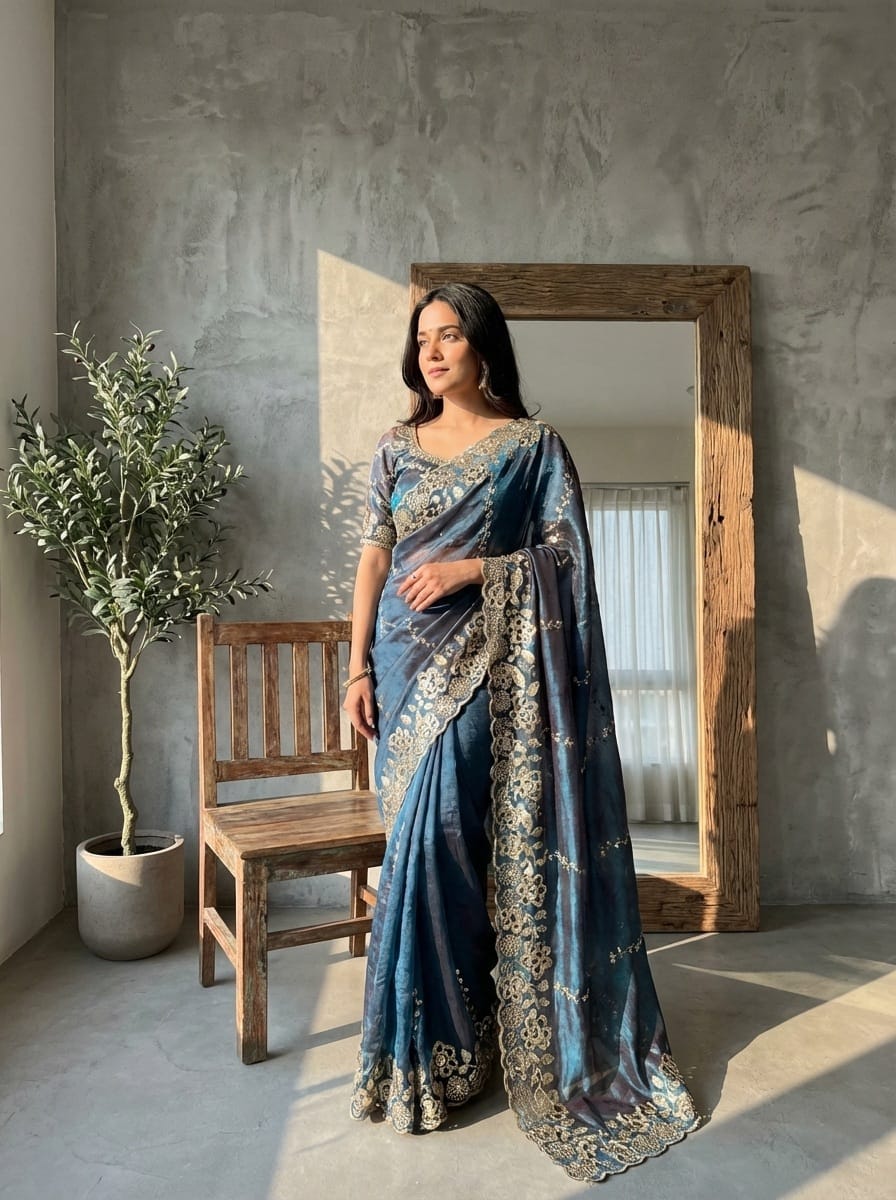 Fantabulous Party Wear Chiffon Embroidery n Cutwork Border Designer Saree For Wedding