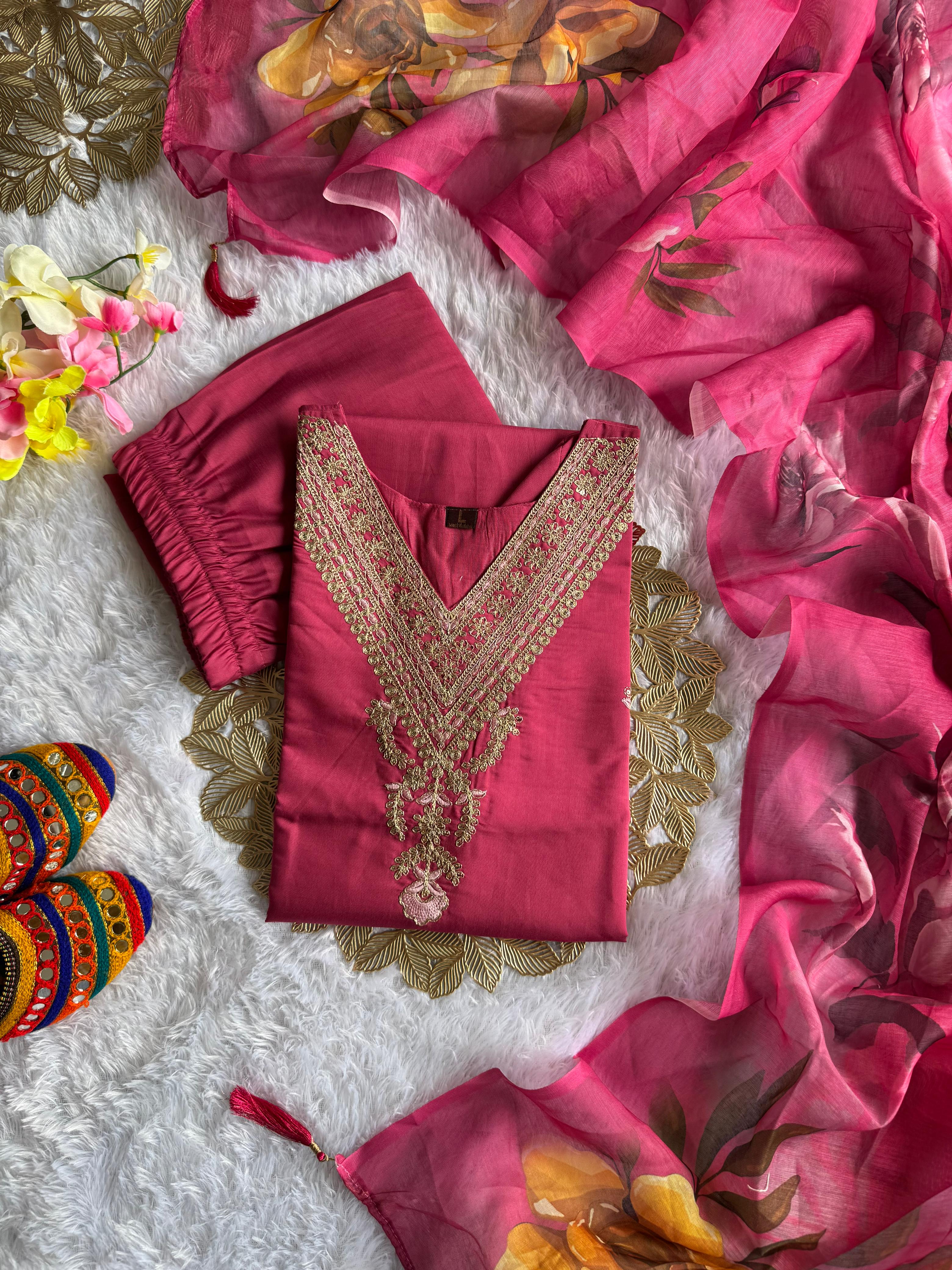 Ravishing Wedding Wear Roman Silk Embroidery n Sequence Work Designer Straight Kurta With Trouser n Dupatta Set