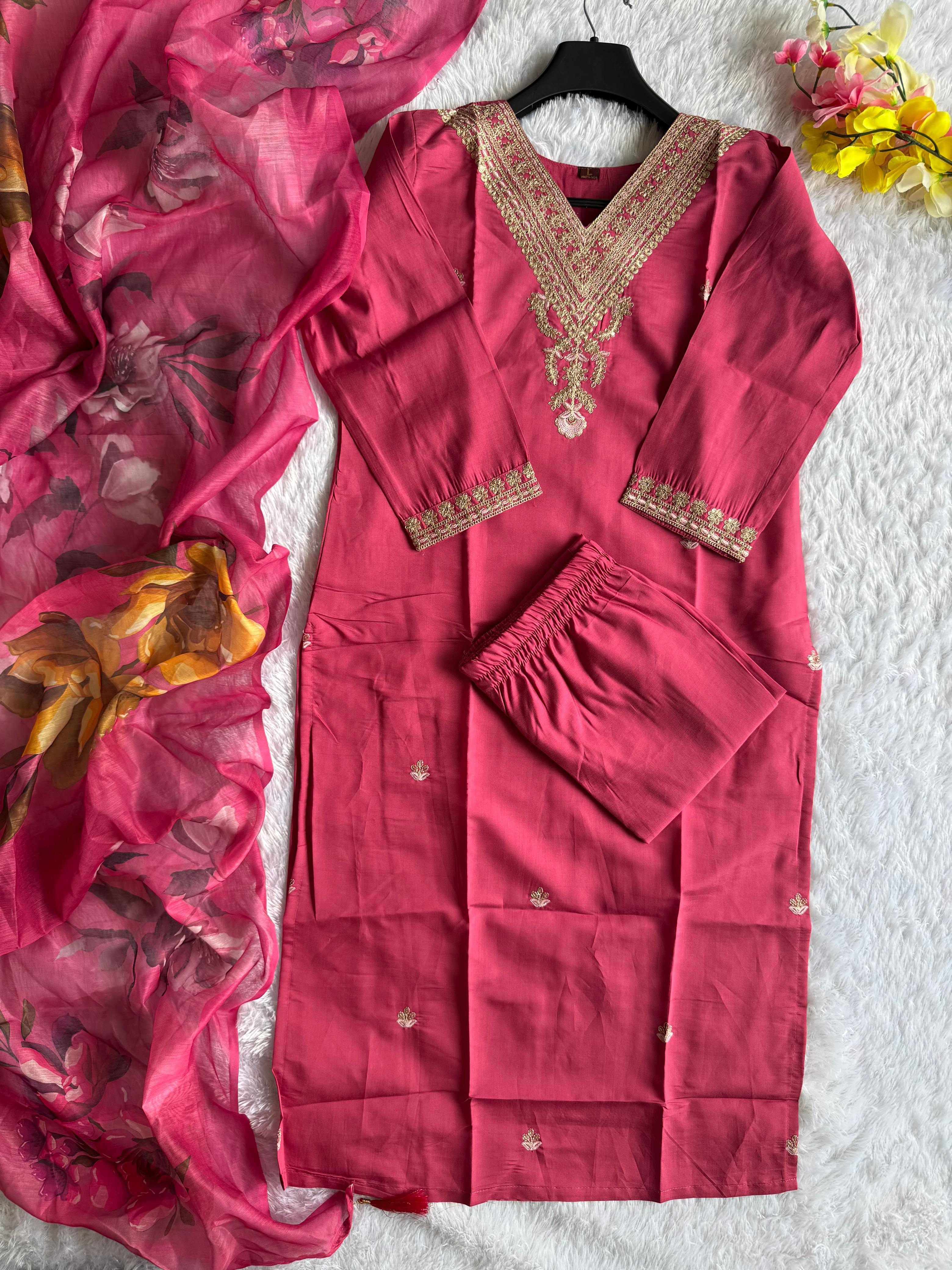 Ravishing Wedding Wear Roman Silk Embroidery n Sequence Work Designer Straight Kurta With Trouser n Dupatta Set