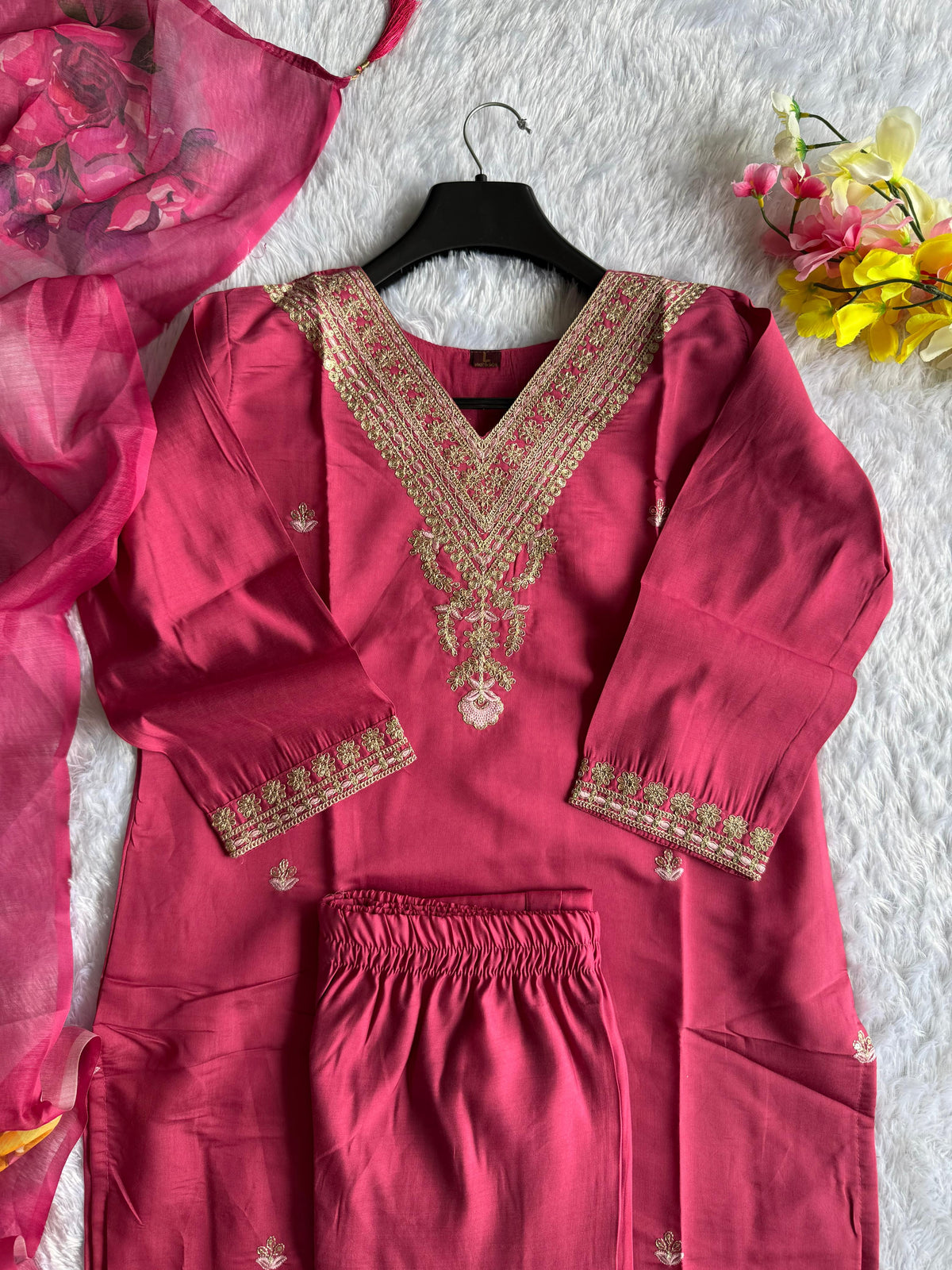 Ravishing Wedding Wear Roman Silk Embroidery n Sequence Work Designer Straight Kurta With Trouser n Dupatta Set