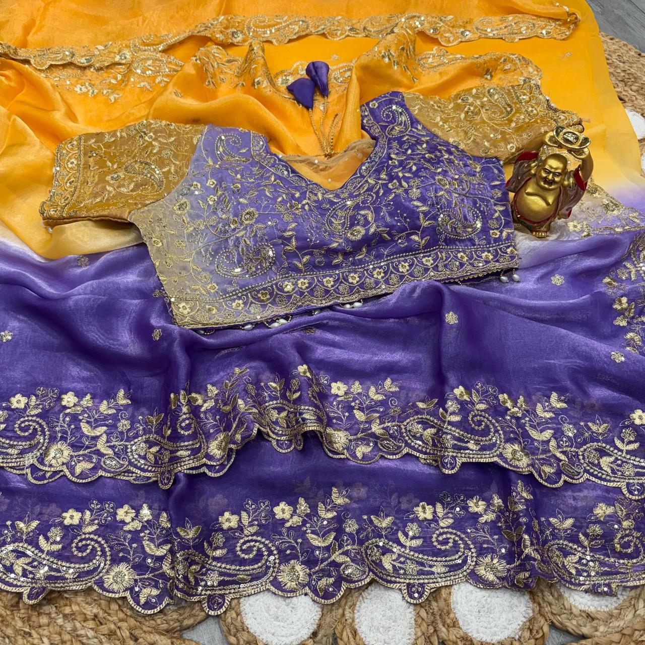 Charismatic Wedding Wear Satin Silk Heavy Embroidery n Aarco Work Fancy Designer Saree With Unstitched Blouse