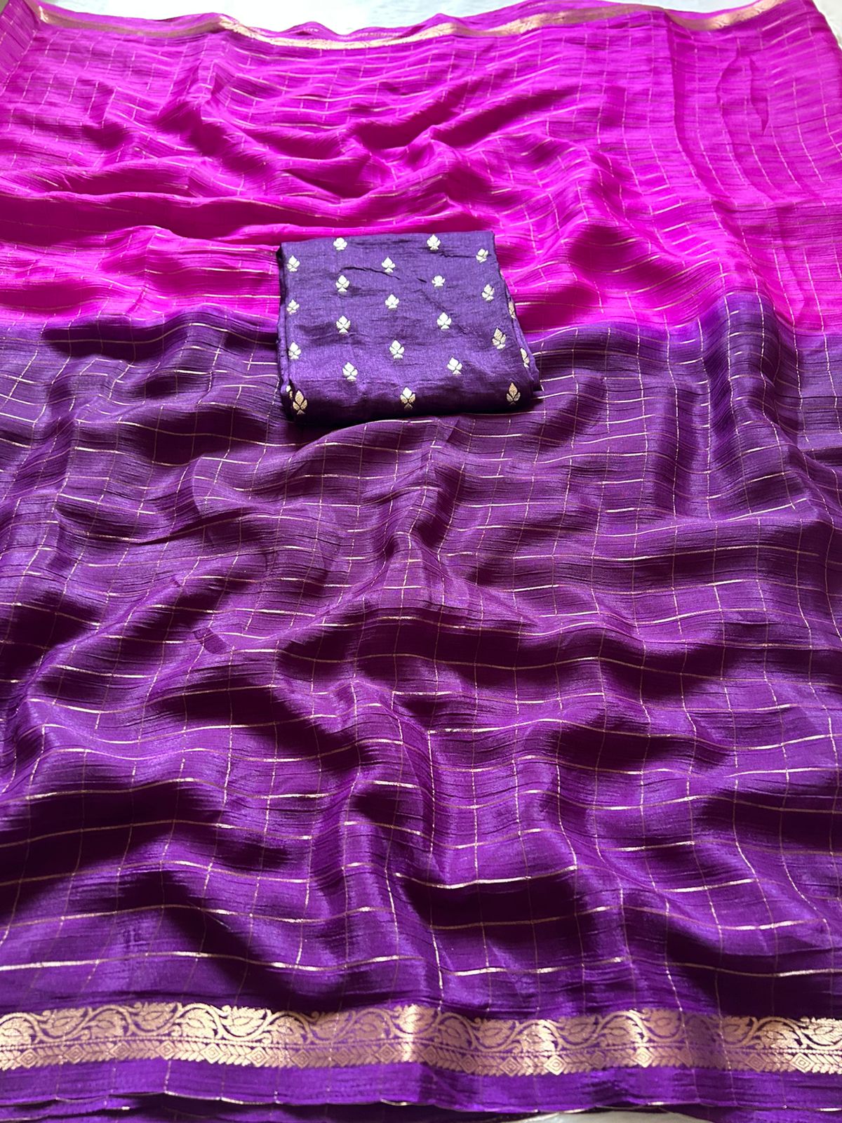 Luxury Function Wear Pure Chinnon Georgette Zari Checks Jacquard Border Desginer Saree For Occasion