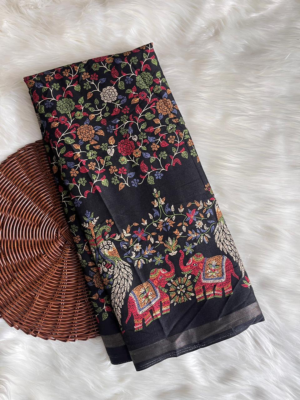 Scrupulous Party Wear Pure Soft Kashmiri Cotton Silk Designer Printed n Rich Pallu Saree With Blouse Piece