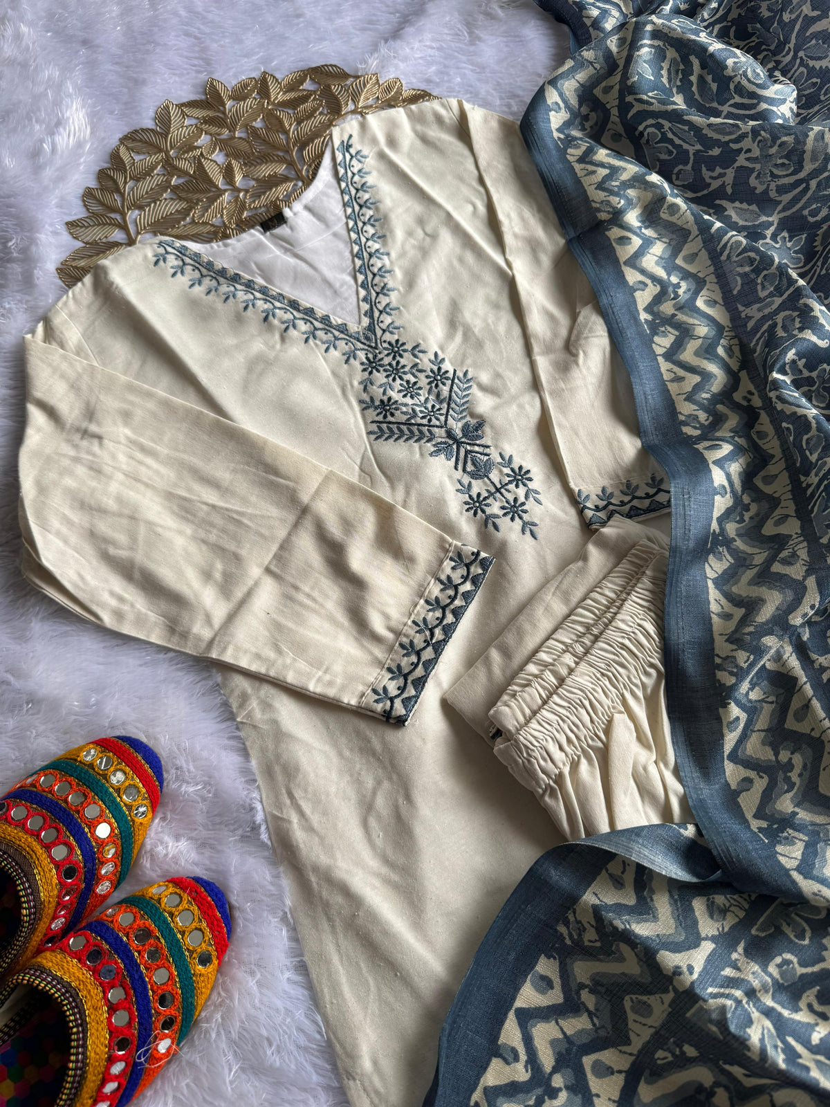 Scrupulous Festive Wear Cotton Embroidery Work Designer Straight Kurta With Trouser Dupatta Set