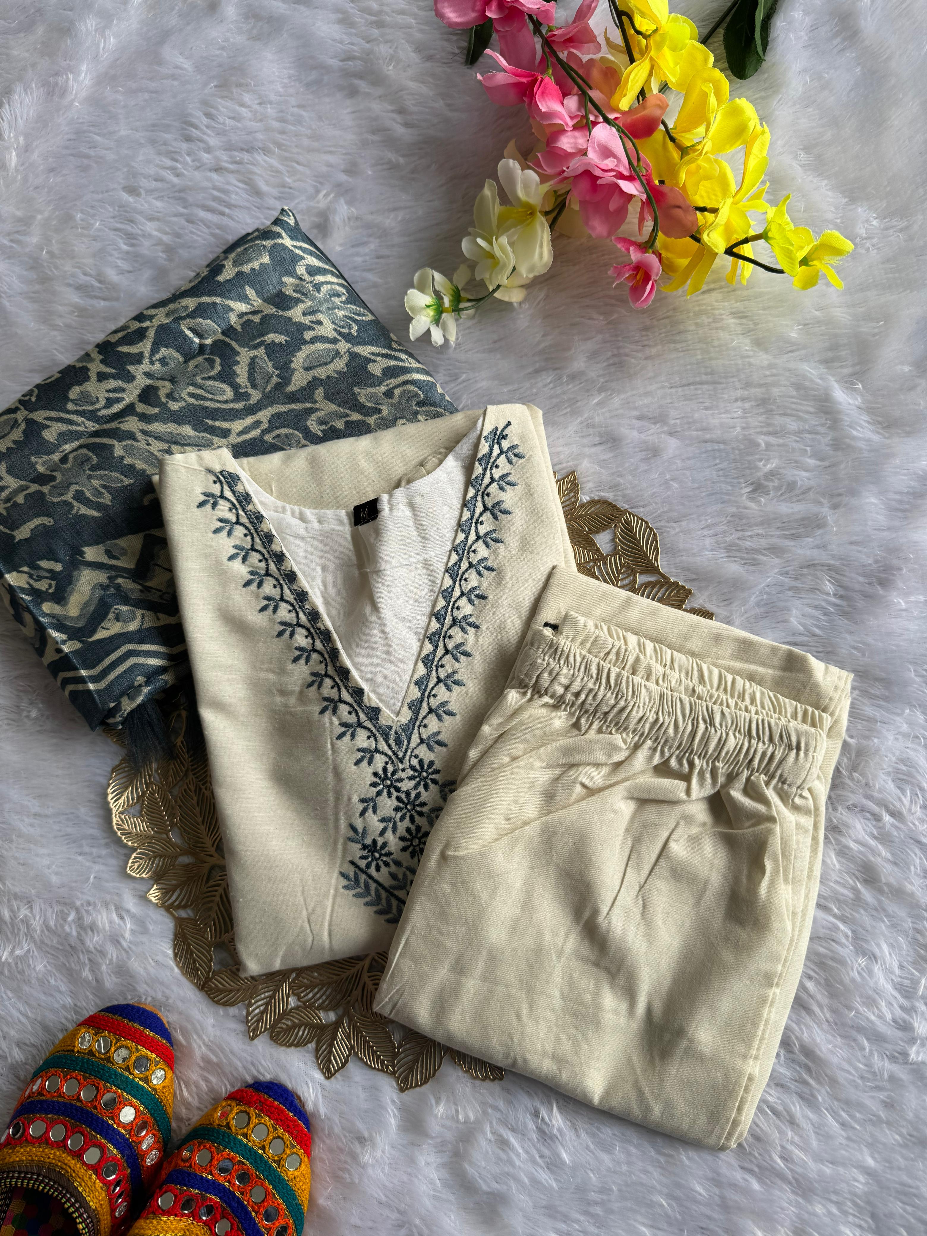 Scrupulous Festive Wear Cotton Embroidery Work Designer Straight Kurta With Trouser Dupatta Set