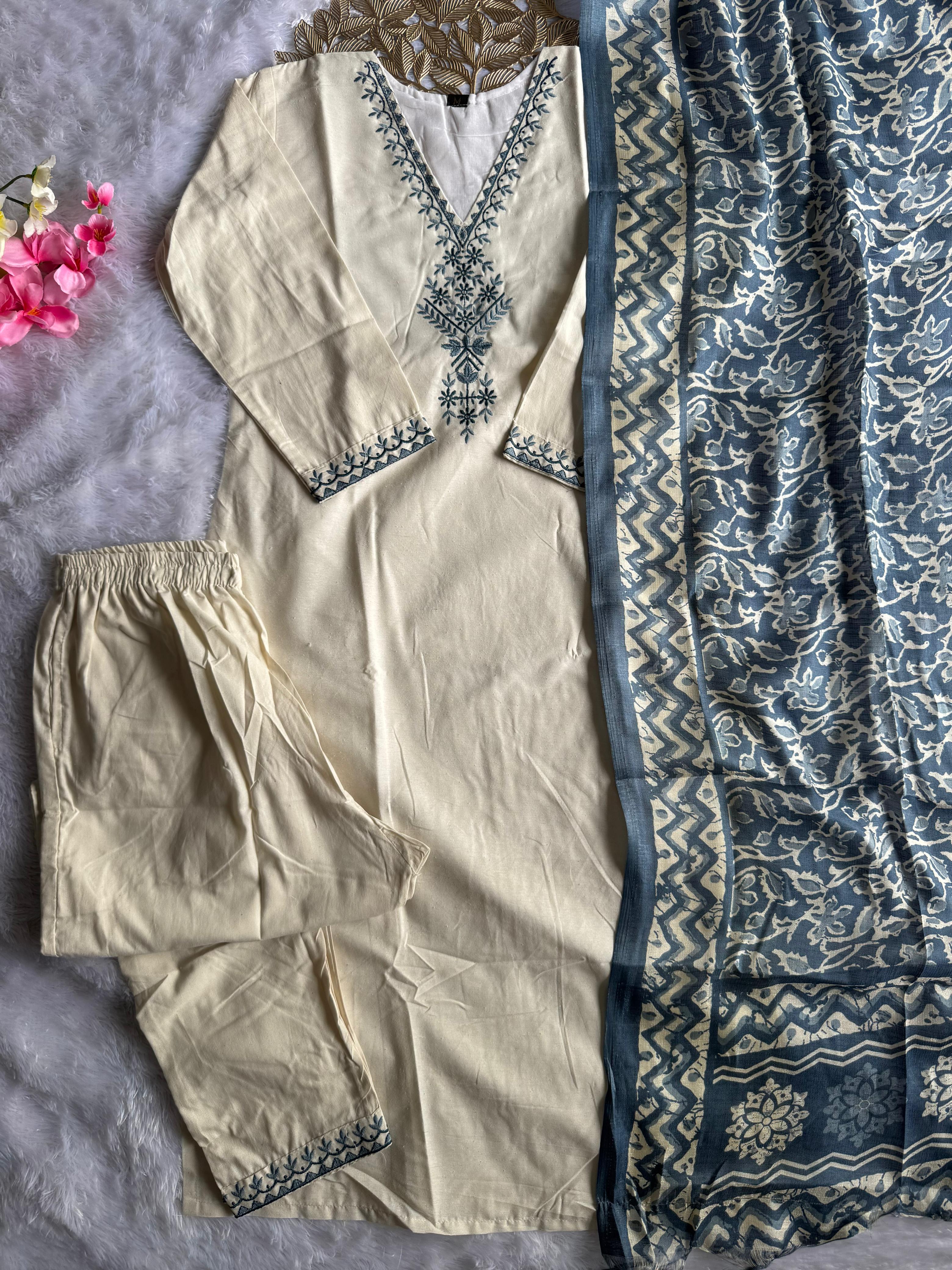 Scrupulous Festive Wear Cotton Embroidery Work Designer Straight Kurta With Trouser Dupatta Set