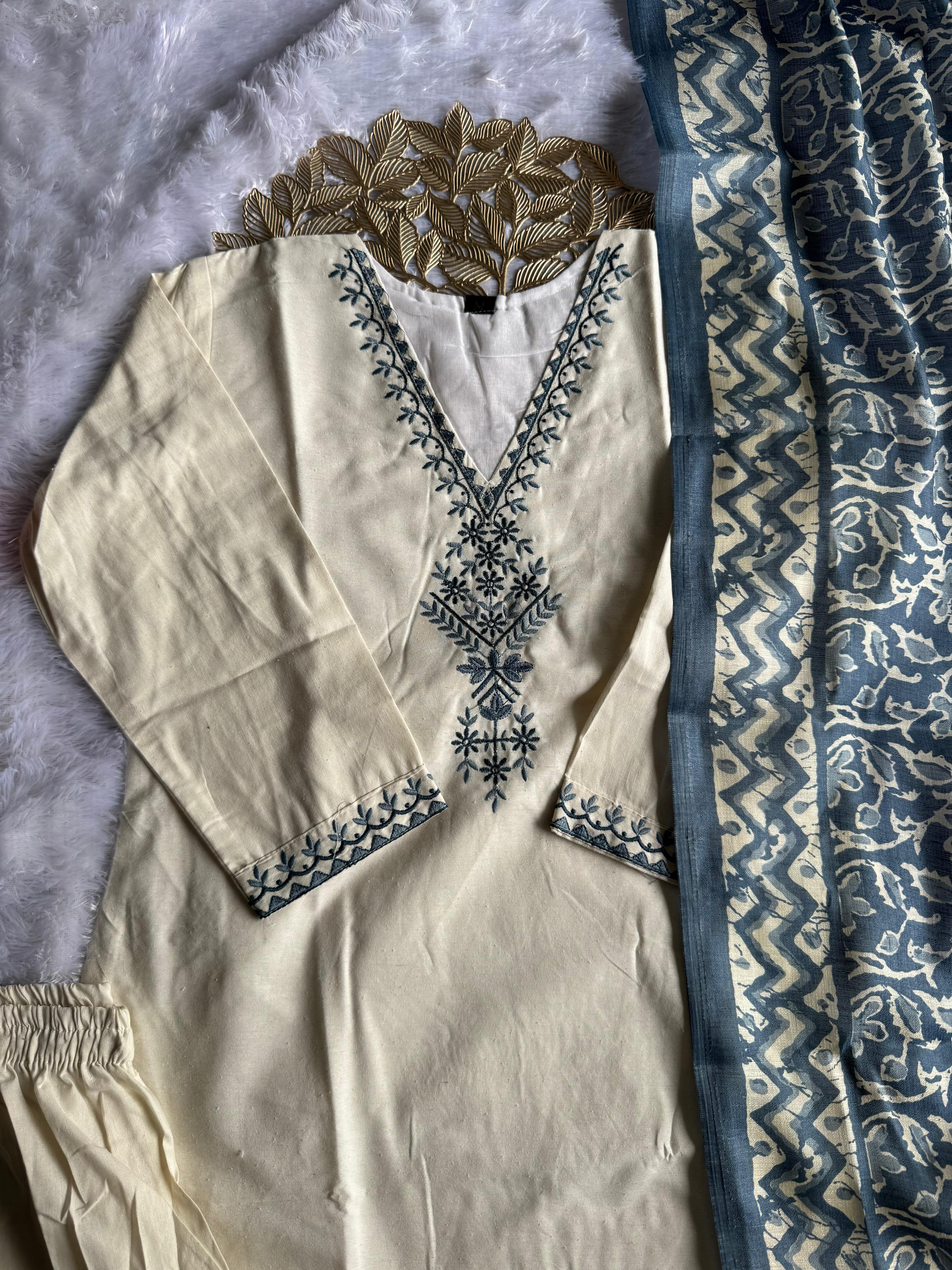 Scrupulous Festive Wear Cotton Embroidery Work Designer Straight Kurta With Trouser Dupatta Set