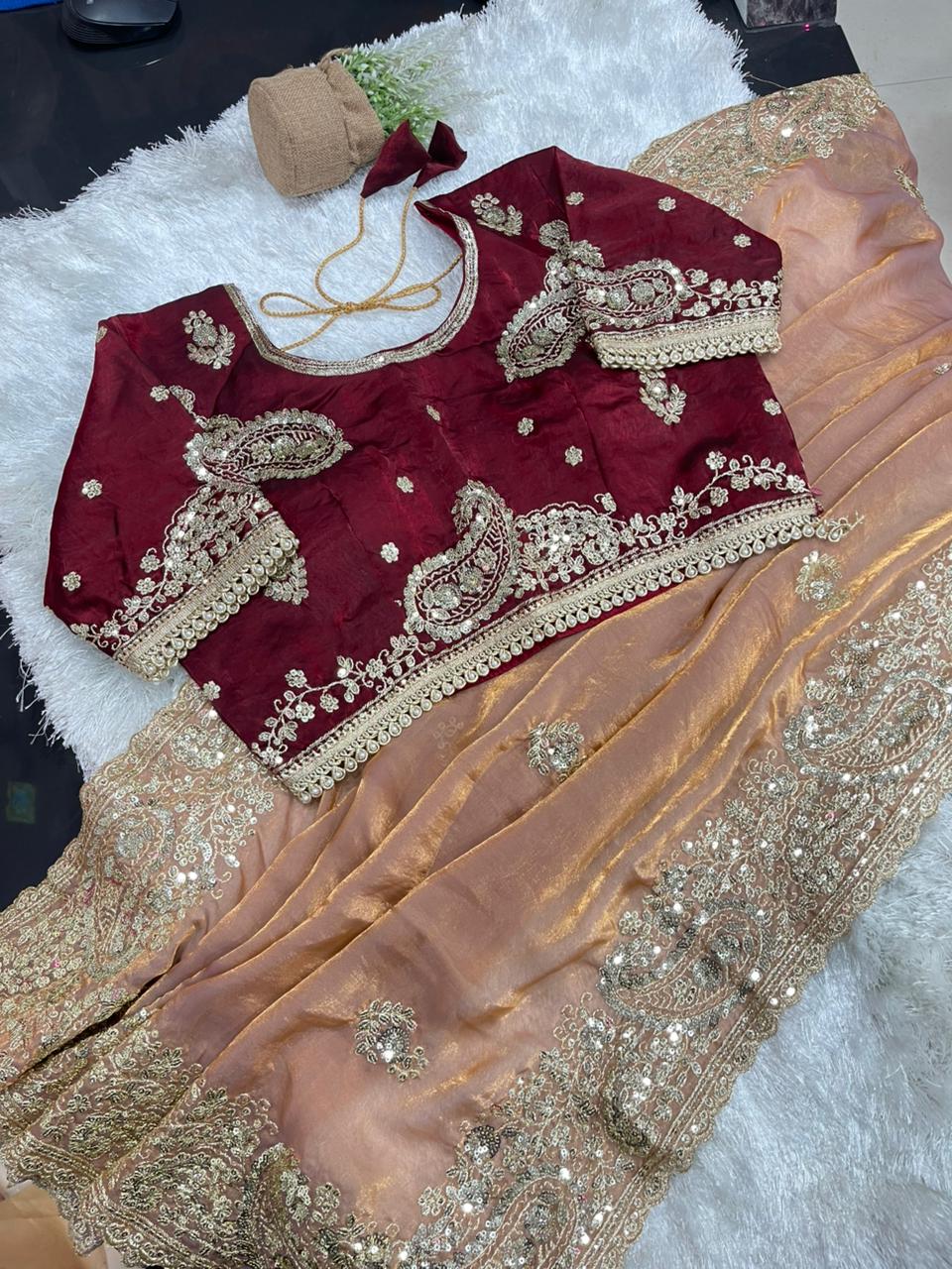 Gratifying Wedding Wear Satin Silk Heavy Embroidery n Aarco Work Fancy Designer Saree With Stitched Blouse