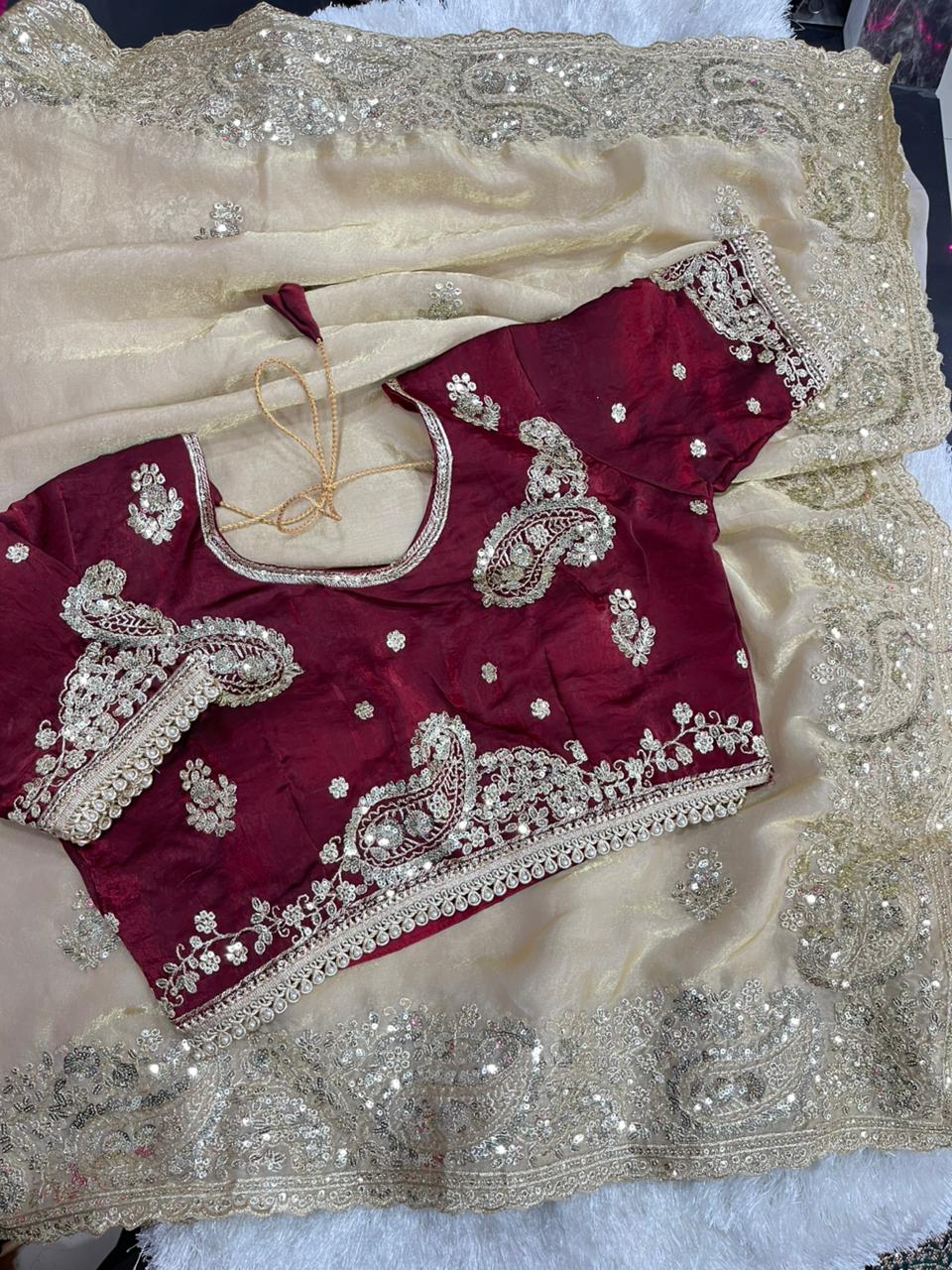 Gratifying Wedding Wear Satin Silk Heavy Embroidery n Aarco Work Fancy Designer Saree With Stitched Blouse