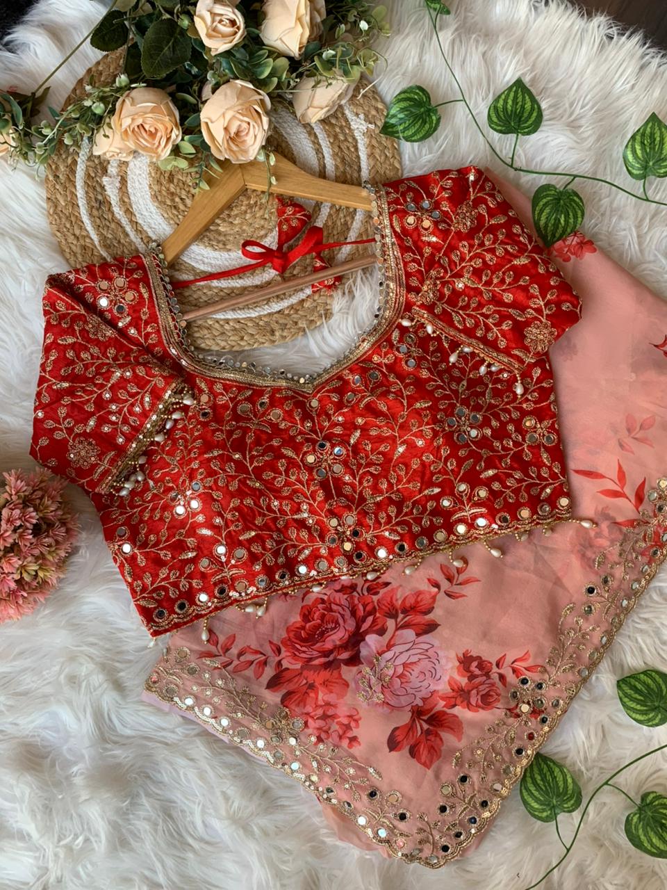 Glorious Party Wear Pure Georgette Floral Print Original Hand Mirror n Embroidery Work Designer Saree For Women
