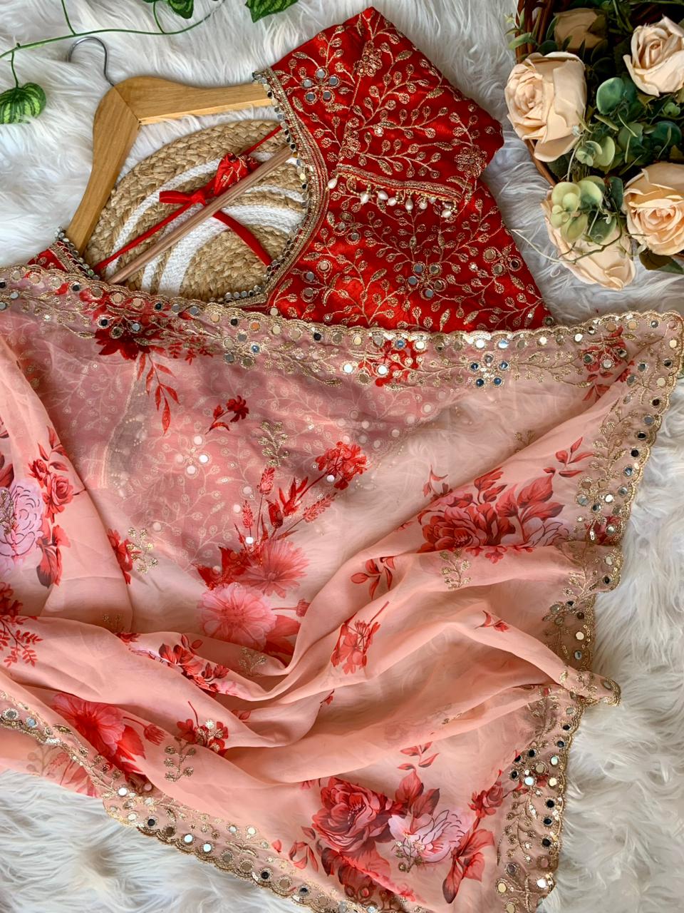Glorious Party Wear Pure Georgette Floral Print Original Hand Mirror n Embroidery Work Designer Saree For Women