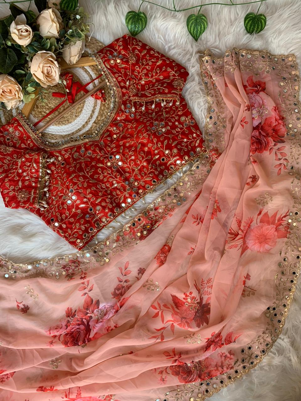 Glorious Party Wear Pure Georgette Floral Print Original Hand Mirror n Embroidery Work Designer Saree For Women