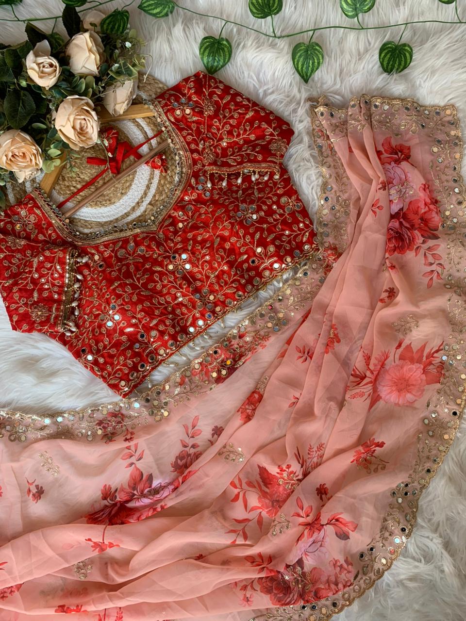 Glorious Party Wear Pure Georgette Floral Print Original Hand Mirror n Embroidery Work Designer Saree For Women