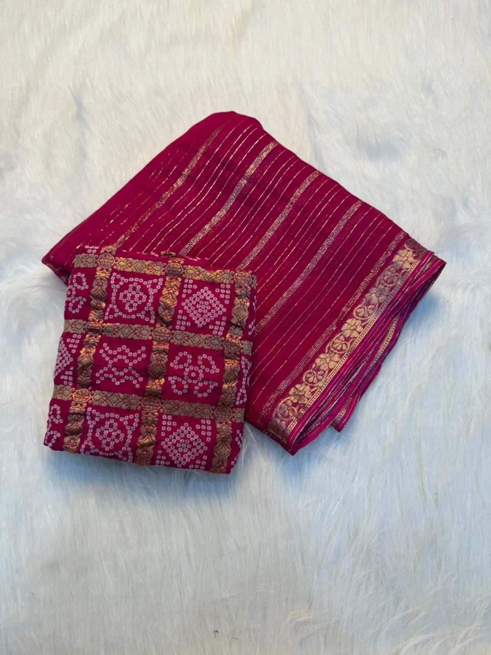 Fantabulous Wedding Wear Pure Viscose Silk Jacquard Weaving Work Rich Pallu Saree With Bandhani Print Blouse