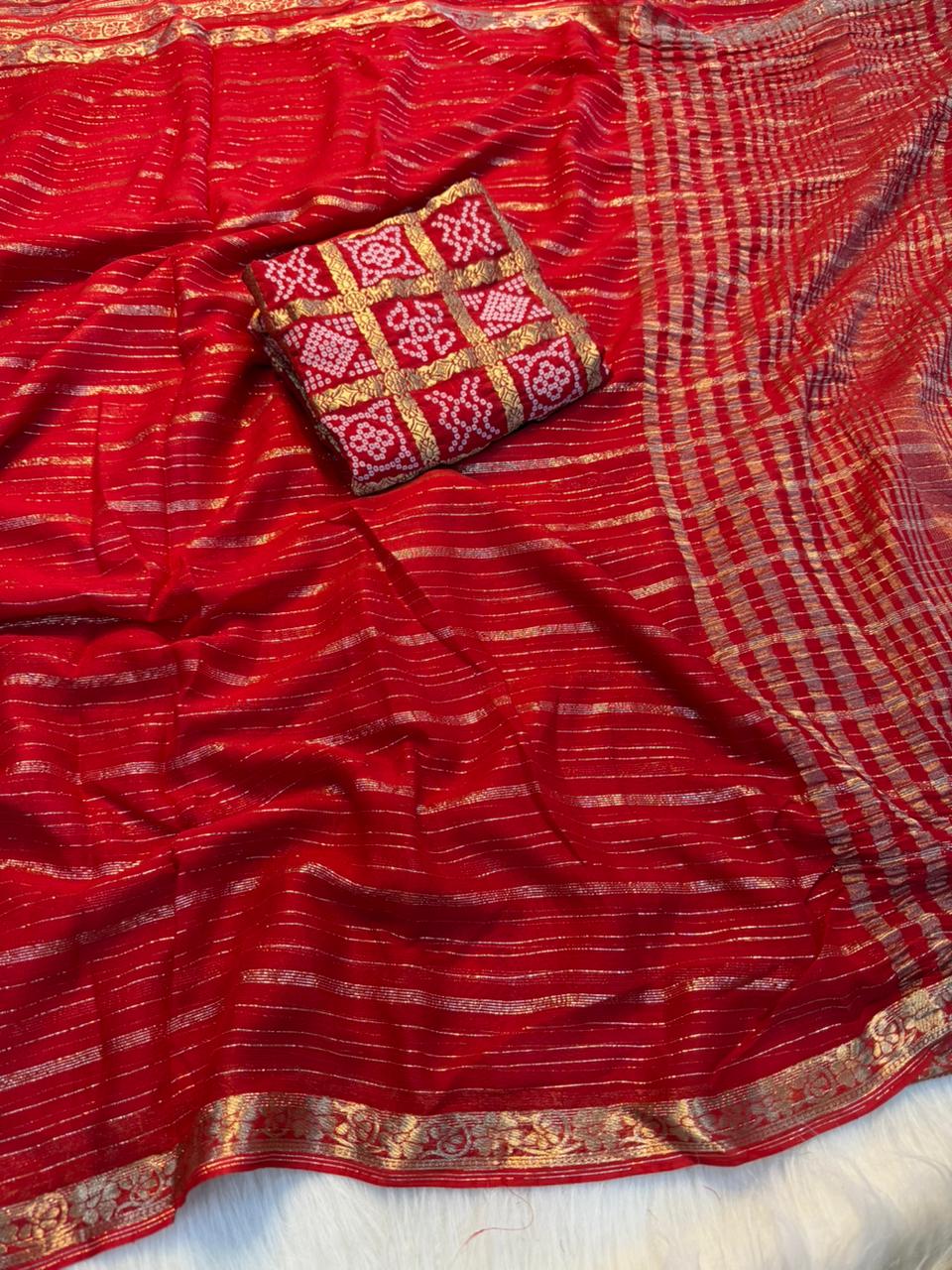 Fantabulous Wedding Wear Pure Viscose Silk Jacquard Weaving Work Rich Pallu Saree With Bandhani Print Blouse
