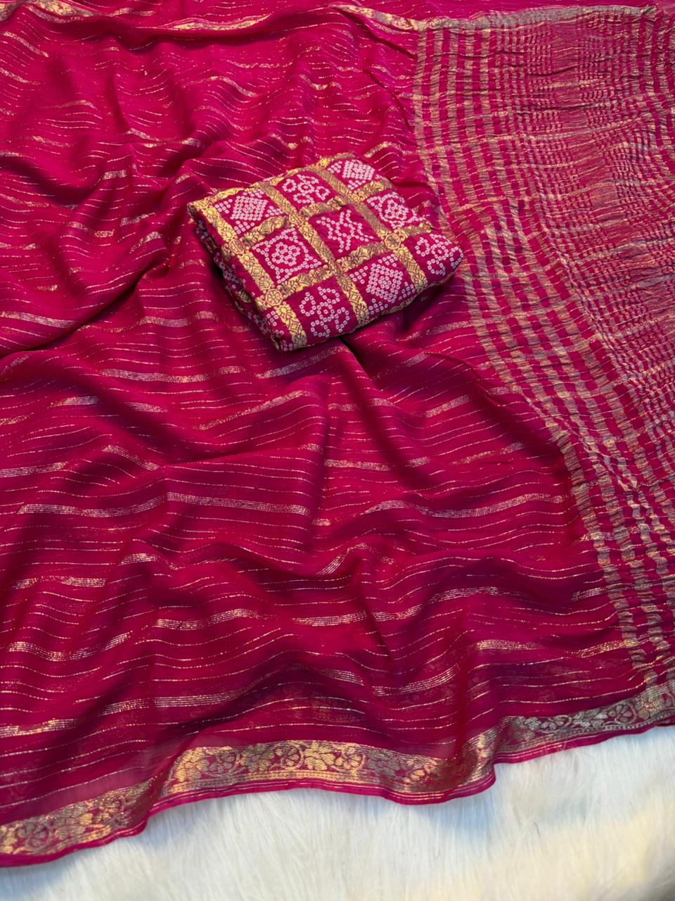 Fantabulous Wedding Wear Pure Viscose Silk Jacquard Weaving Work Rich Pallu Saree With Bandhani Print Blouse