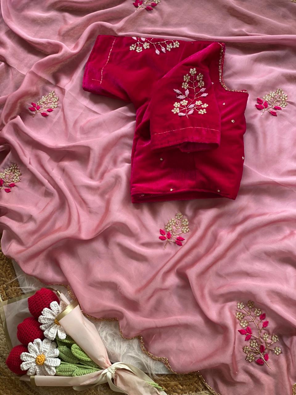 Glamorous Function Wear Rangoli Silk Flower Handwork Butta Thread Design Fancy Designer Saree With Unstitched Blouse Piece