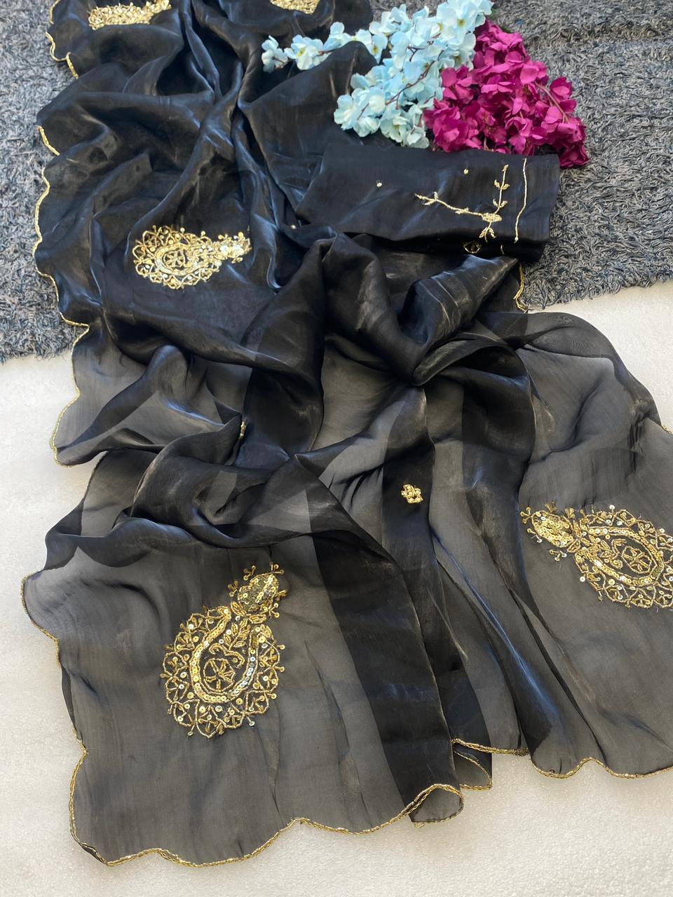 Attractive Wedding Wear Satin Silk Handwork Fancy Designer Saree With Blissful Blouse Piece