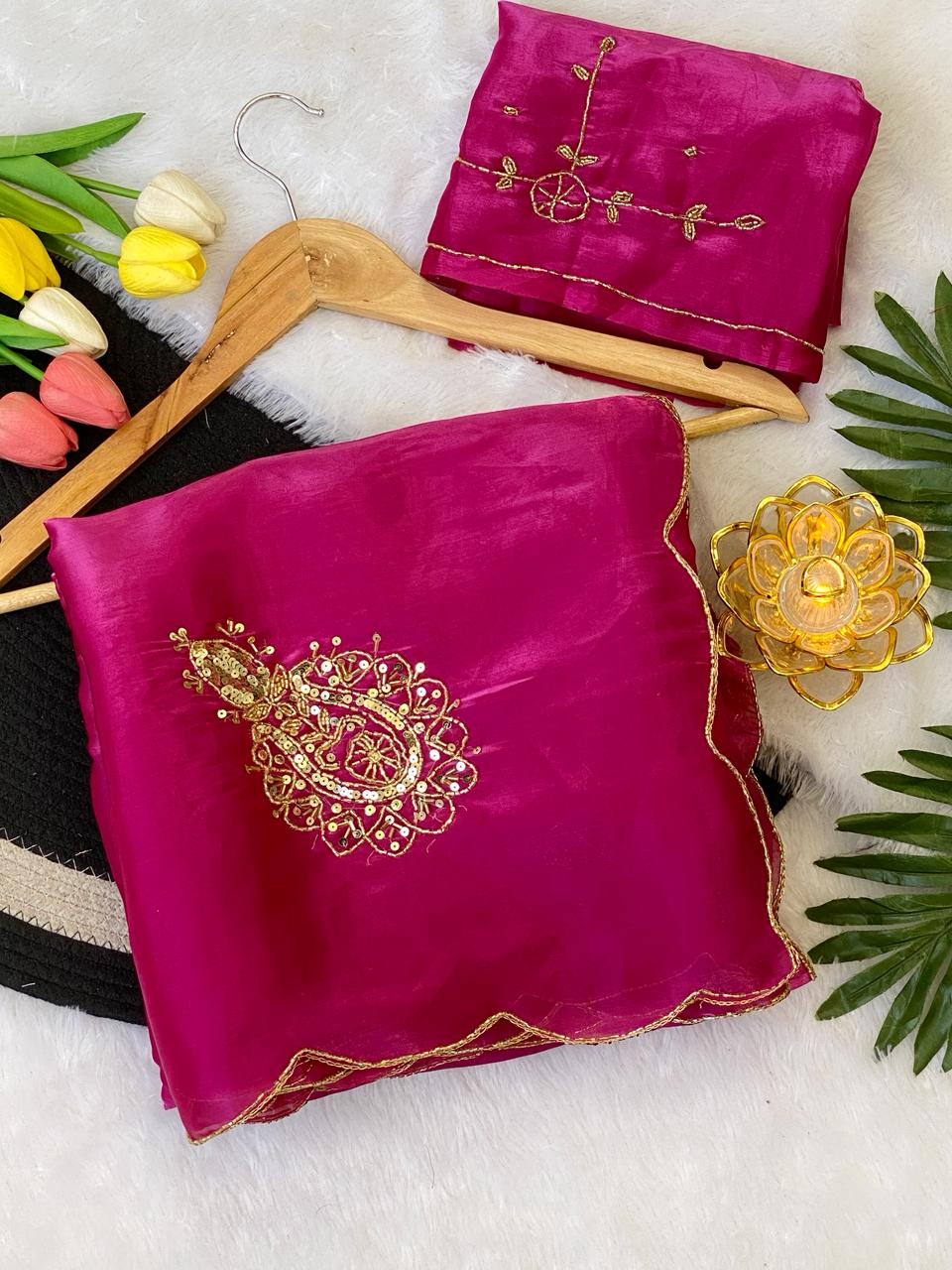 Attractive Wedding Wear Satin Silk Handwork Fancy Designer Saree With Blissful Blouse Piece
