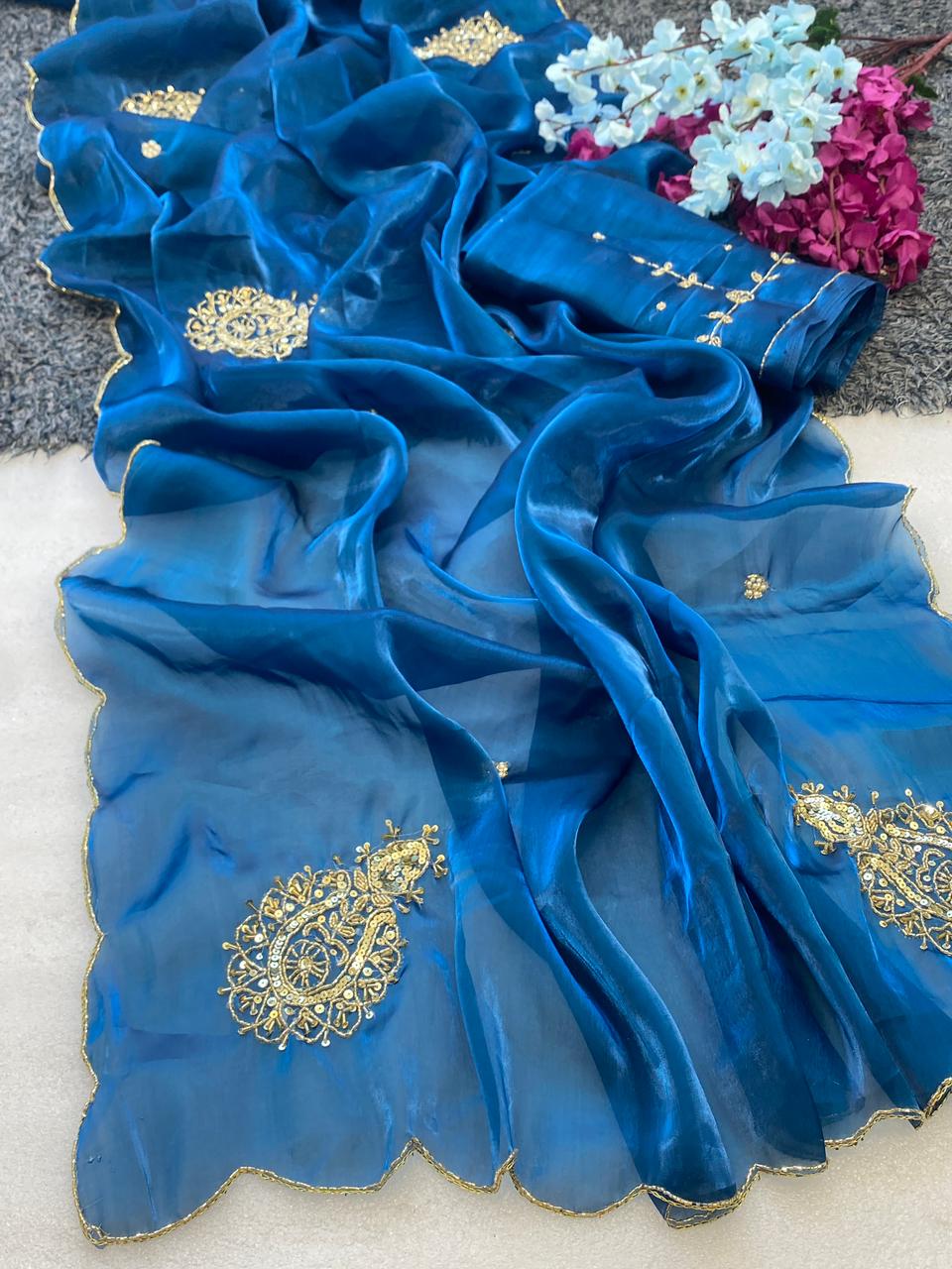 Attractive Wedding Wear Satin Silk Handwork Fancy Designer Saree With Blissful Blouse Piece