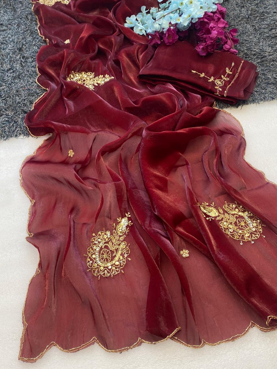 Attractive Wedding Wear Satin Silk Handwork Fancy Designer Saree With Blissful Blouse Piece