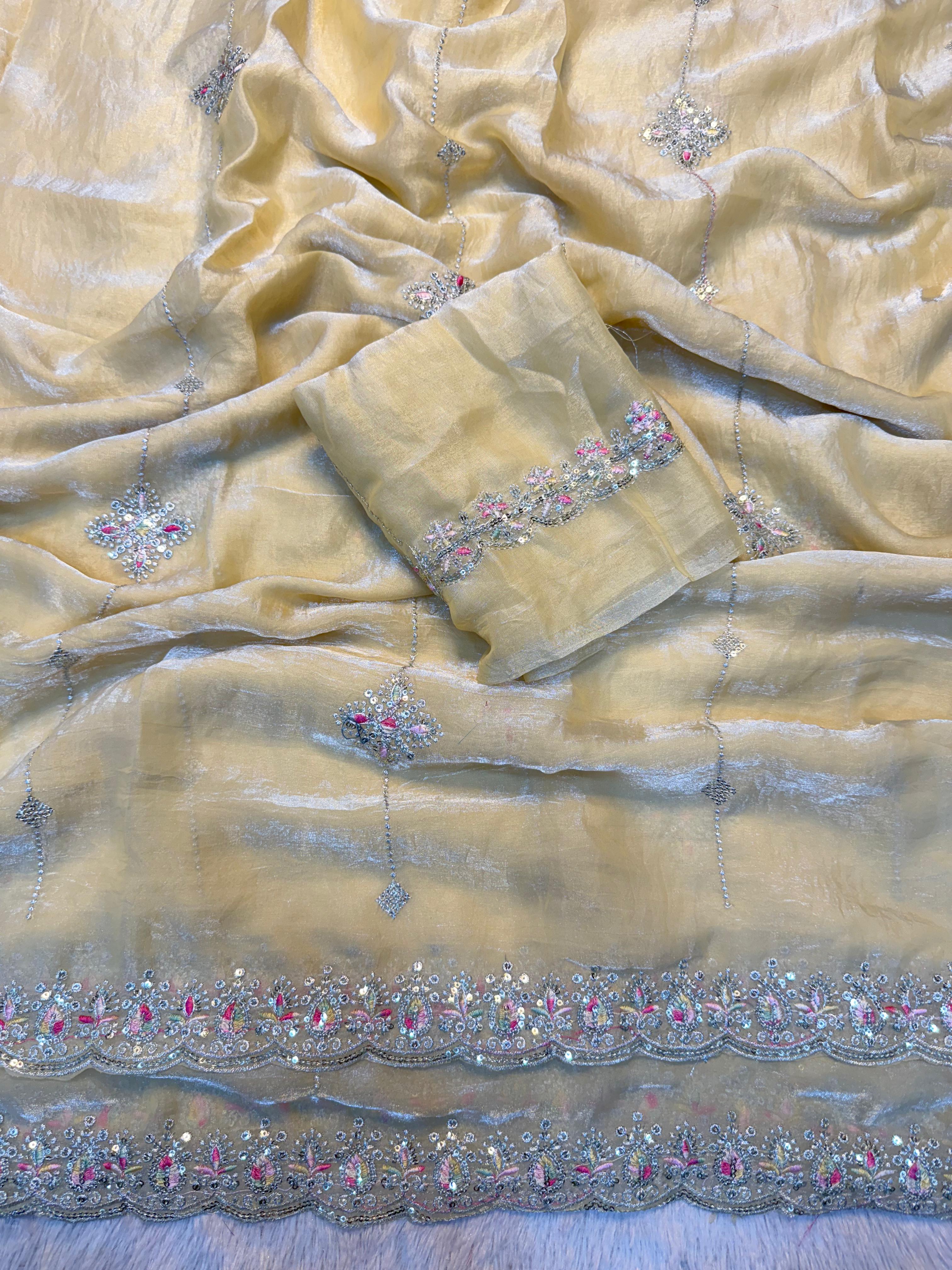 Adorable Function Wear Silk Multi Thread n Sequence Embroidery Work Fancy Designer Saree With Blouse Piece