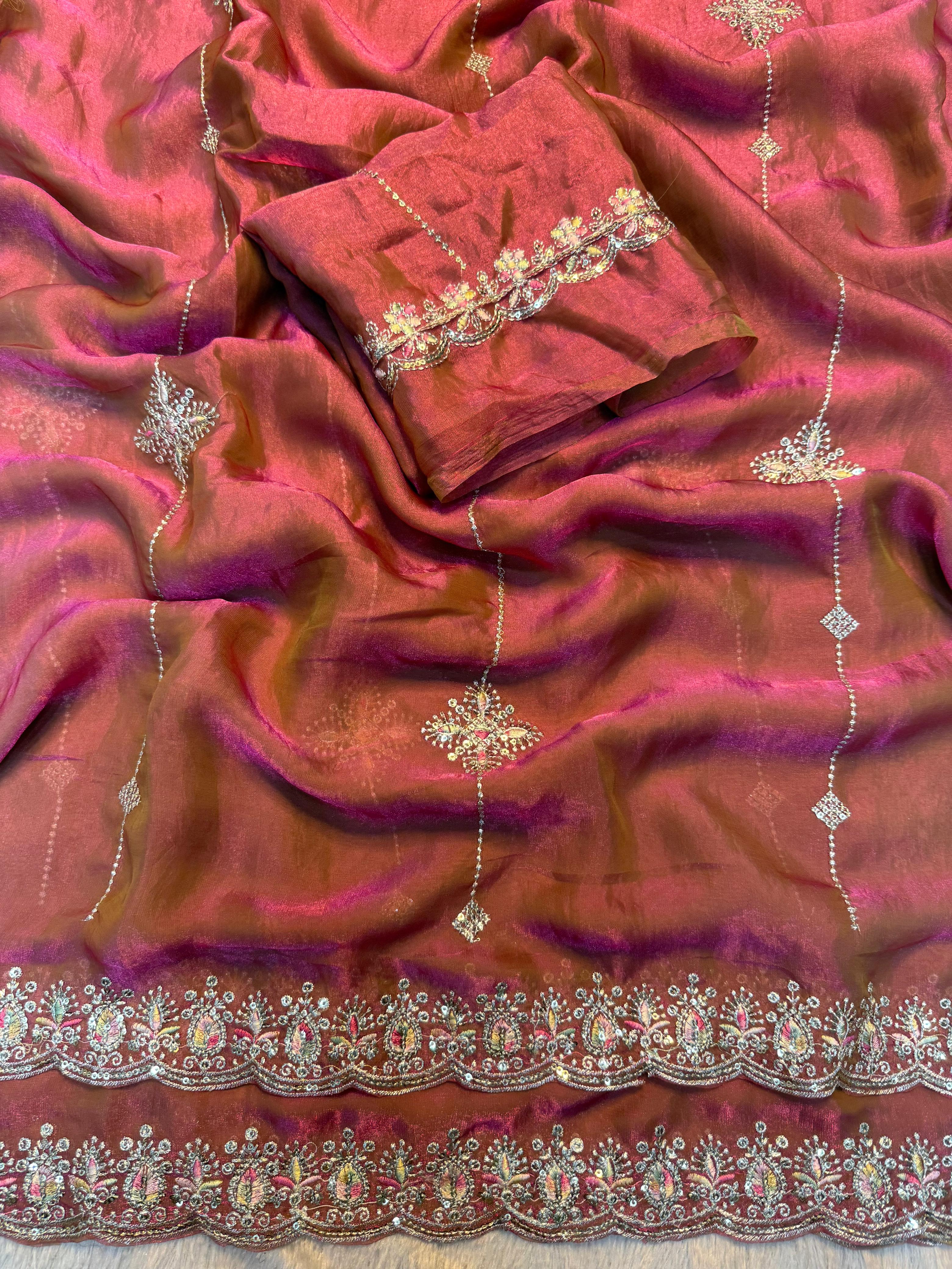 Adorable Function Wear Silk Multi Thread n Sequence Embroidery Work Fancy Designer Saree With Blouse Piece