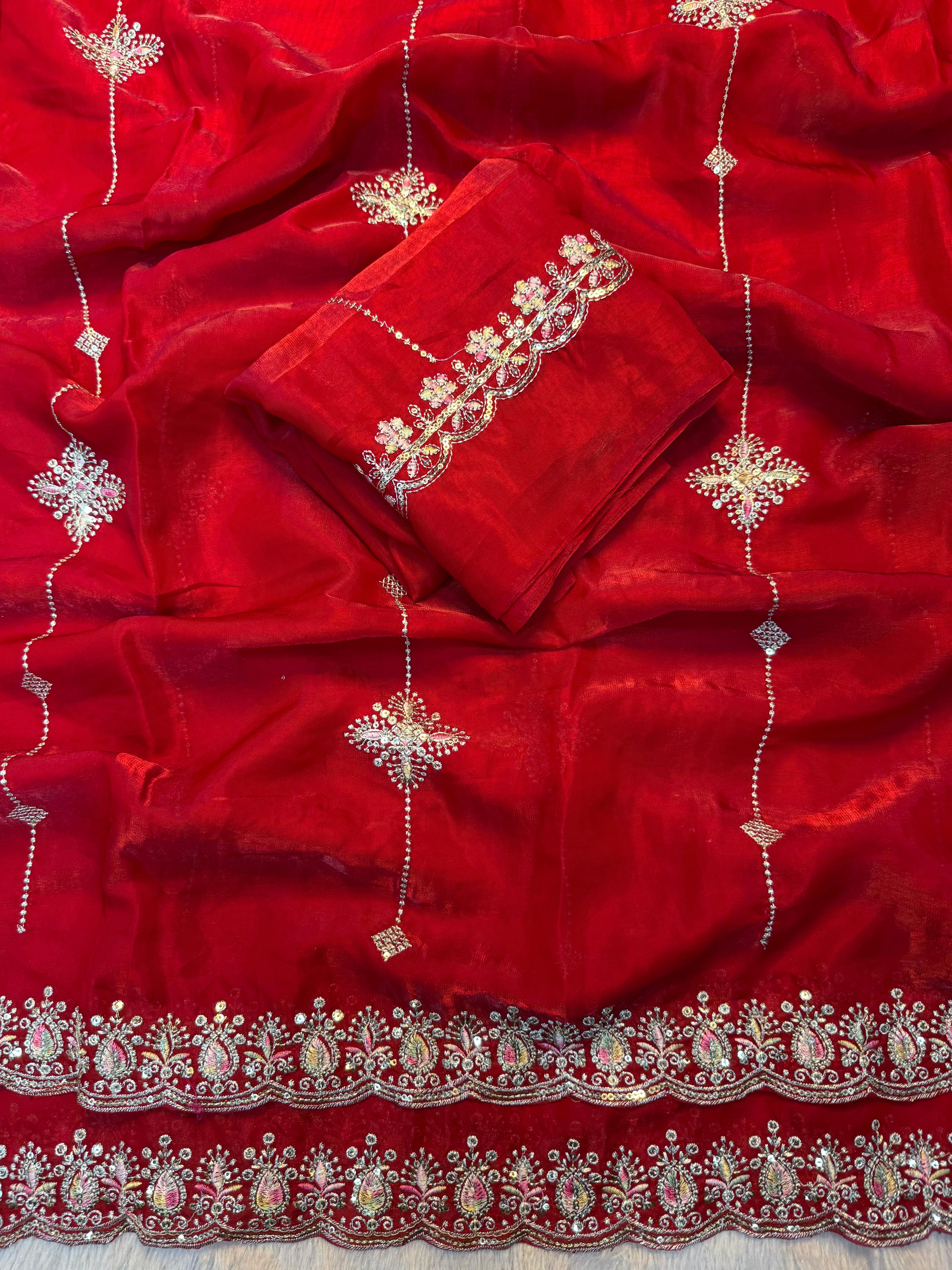 Adorable Function Wear Silk Multi Thread n Sequence Embroidery Work Fancy Designer Saree With Blouse Piece