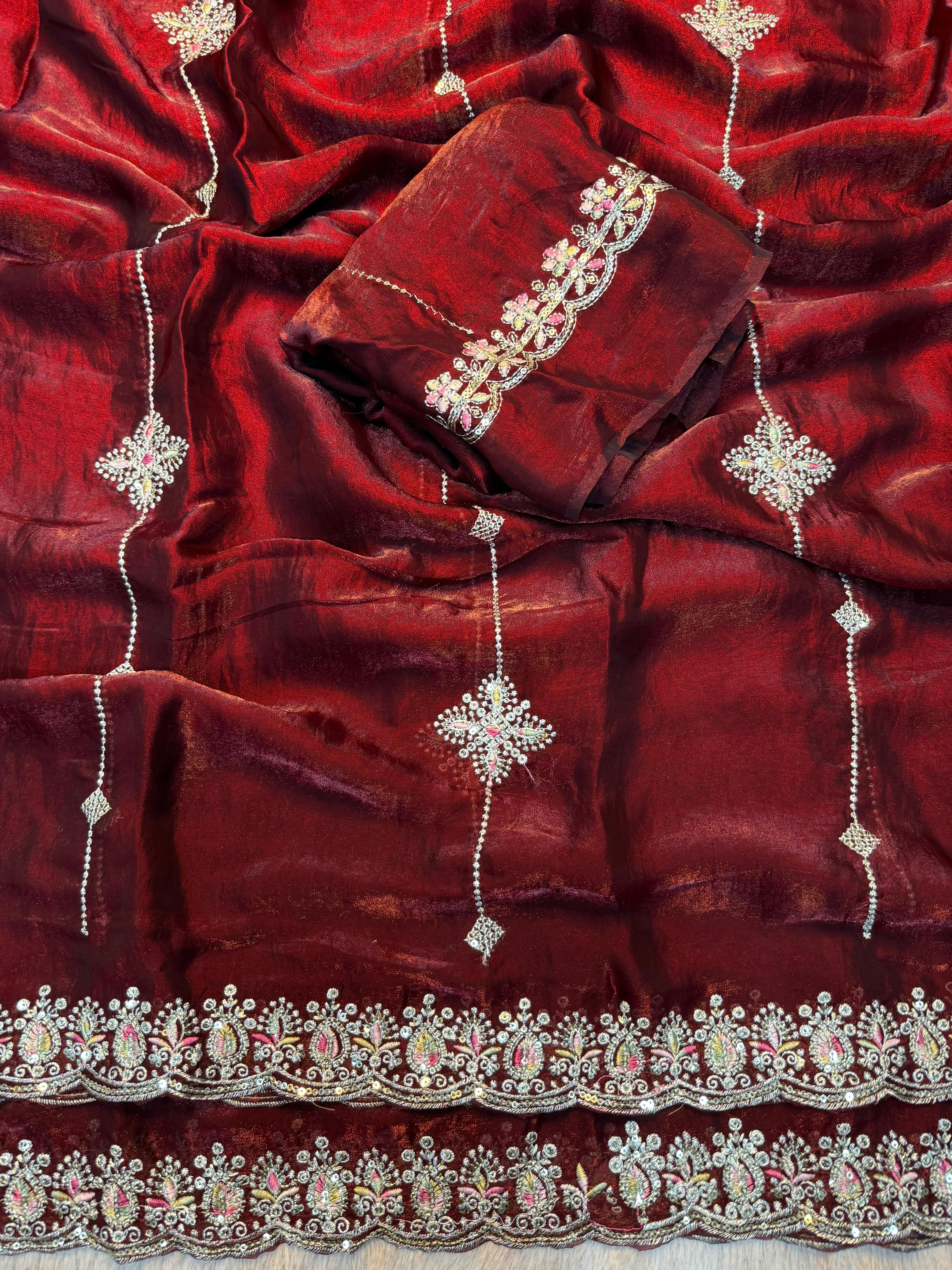 Adorable Function Wear Silk Multi Thread n Sequence Embroidery Work Fancy Designer Saree With Blouse Piece