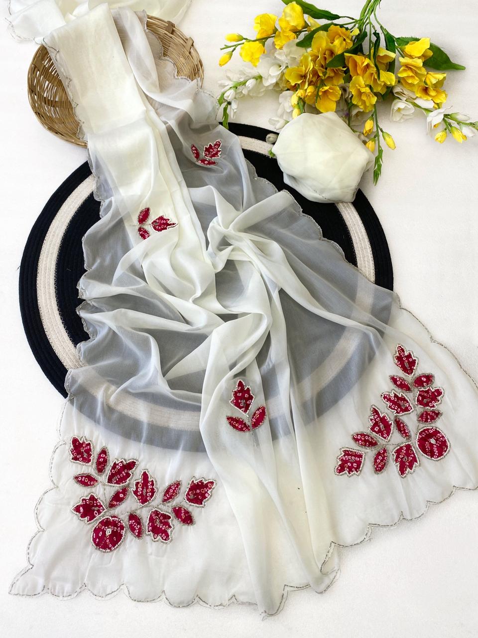 Groovy Festive Wear Georgette Silk Handwork Designer Saree With Elegant Blouse Piece