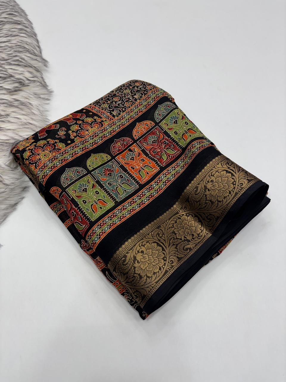 Mellifluous Function Wear Pure Soft Chiffon Silk Print n Mangalkari Border Fancy Designer Saree