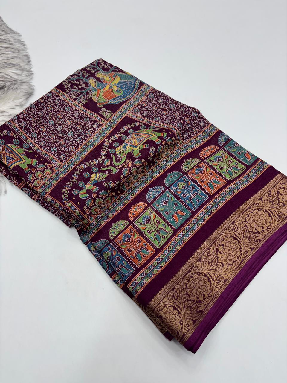 Mellifluous Function Wear Pure Soft Chiffon Silk Print n Mangalkari Border Fancy Designer Saree
