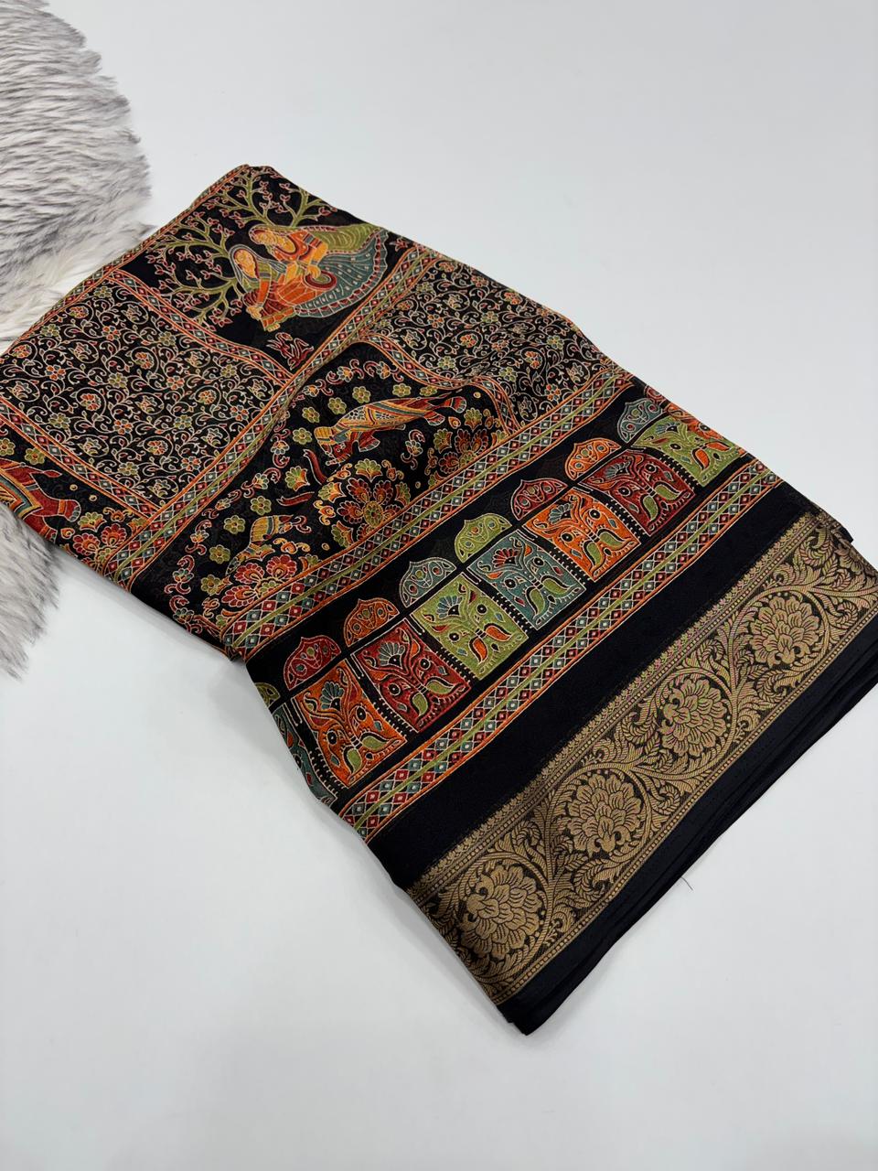 Mellifluous Function Wear Pure Soft Chiffon Silk Print n Mangalkari Border Fancy Designer Saree