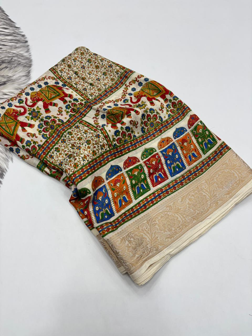 Mellifluous Function Wear Pure Soft Chiffon Silk Print n Mangalkari Border Fancy Designer Saree
