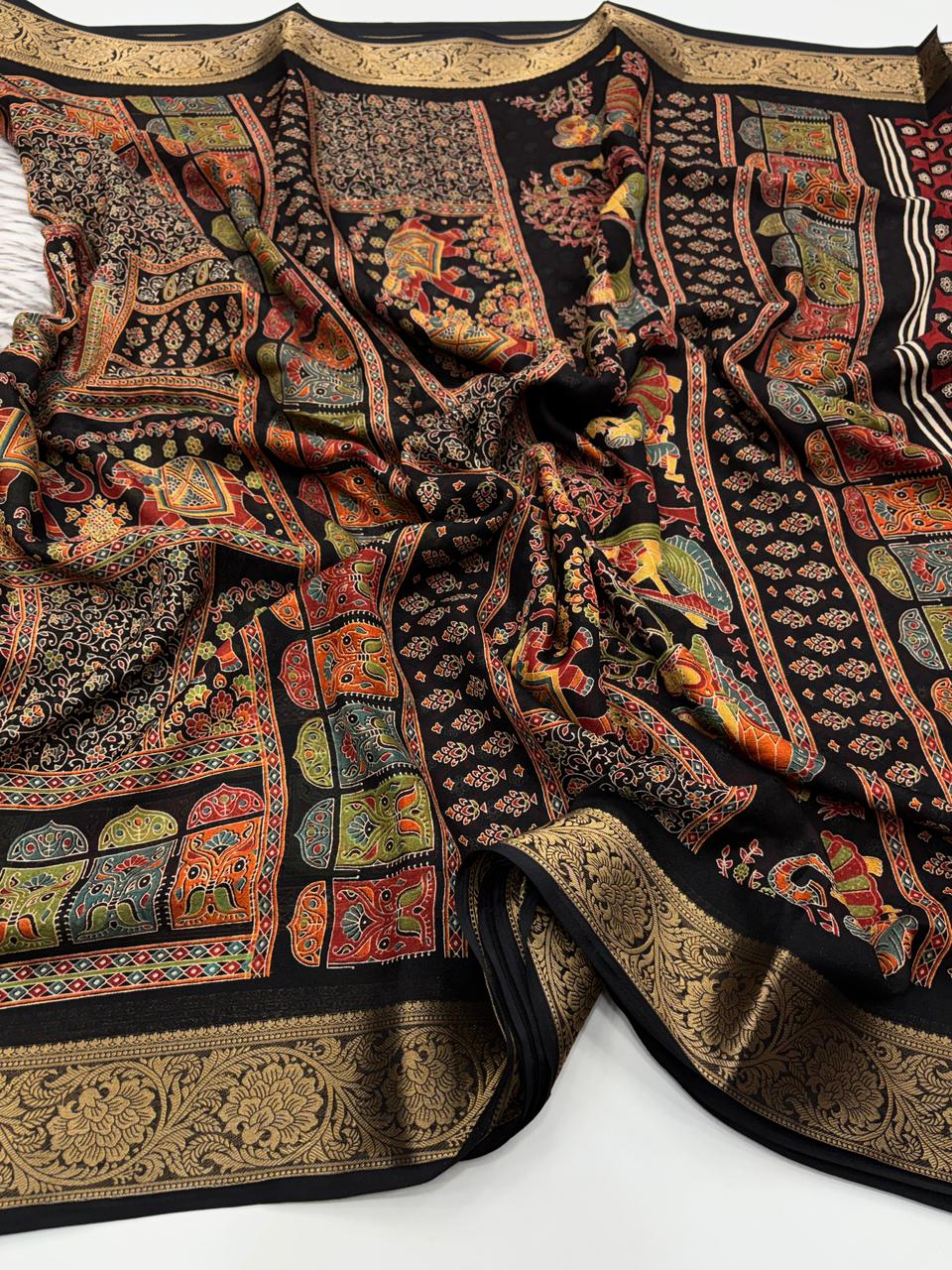 Mellifluous Function Wear Pure Soft Chiffon Silk Print n Mangalkari Border Fancy Designer Saree
