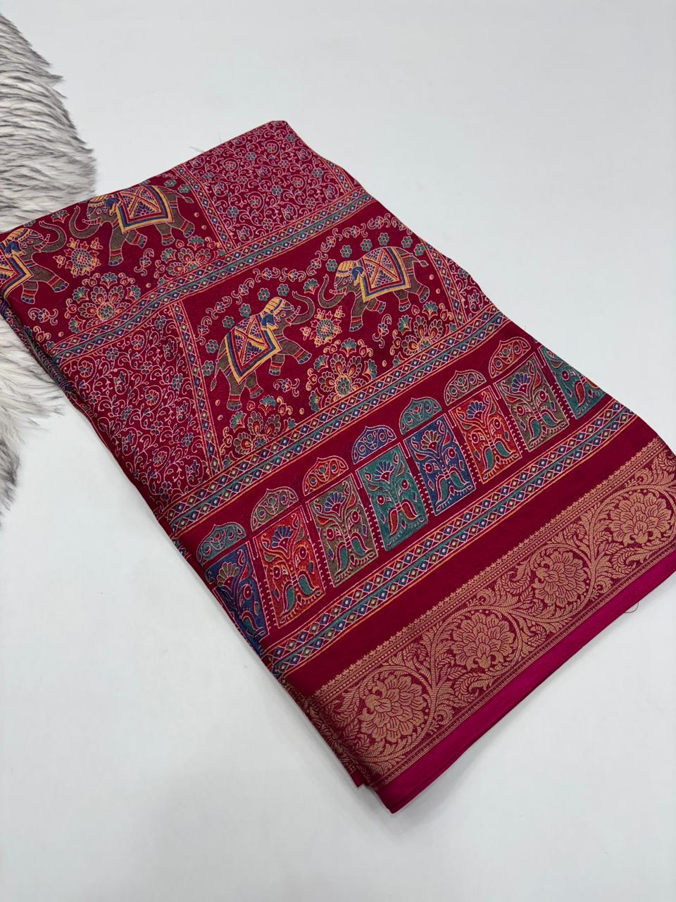 Mellifluous Function Wear Pure Soft Chiffon Silk Print n Mangalkari Border Fancy Designer Saree