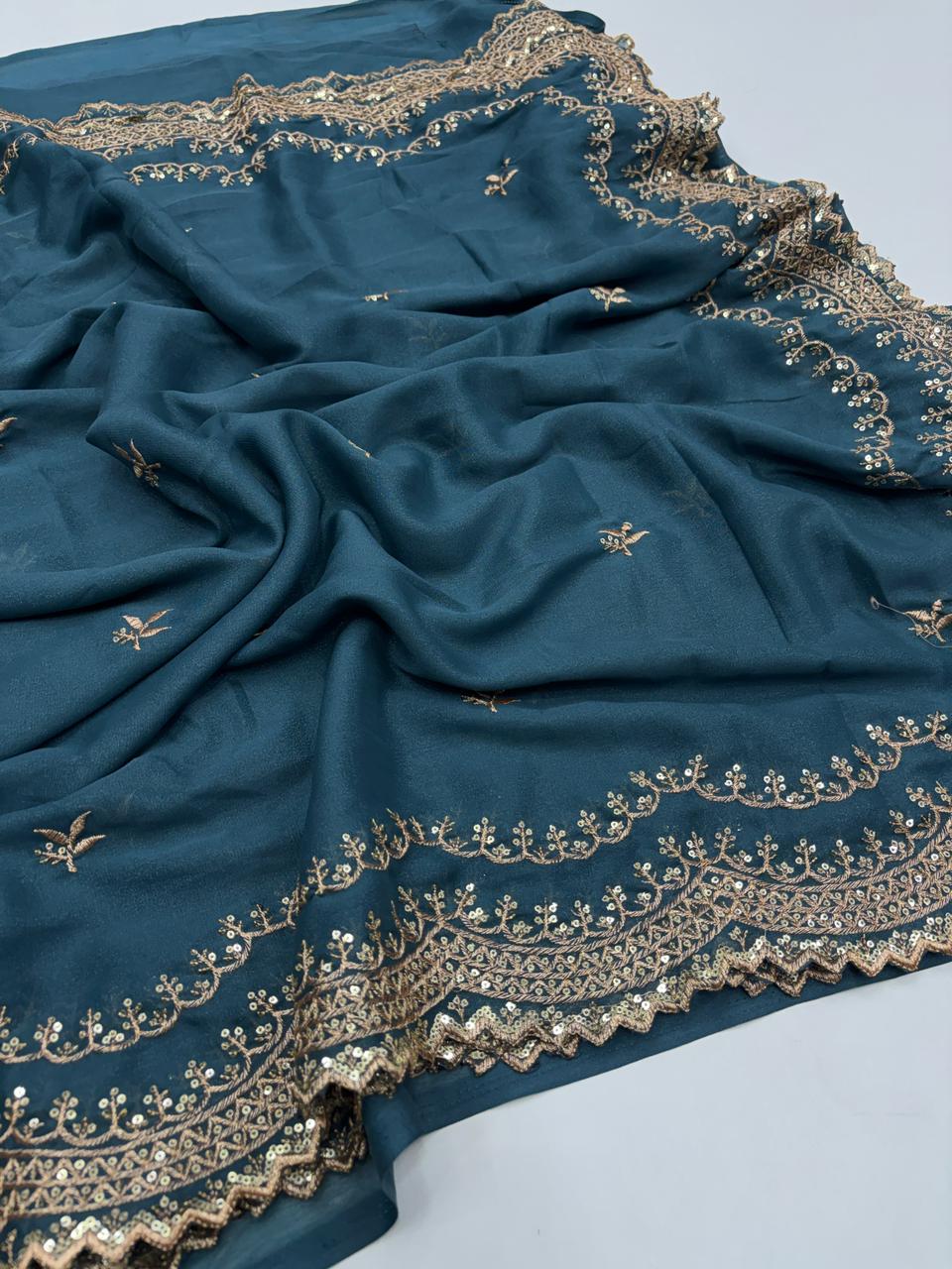 Charming Party Wear Pure Soft Georgette Silk Sequence n Embroidery Work Designer Saree For Wedding
