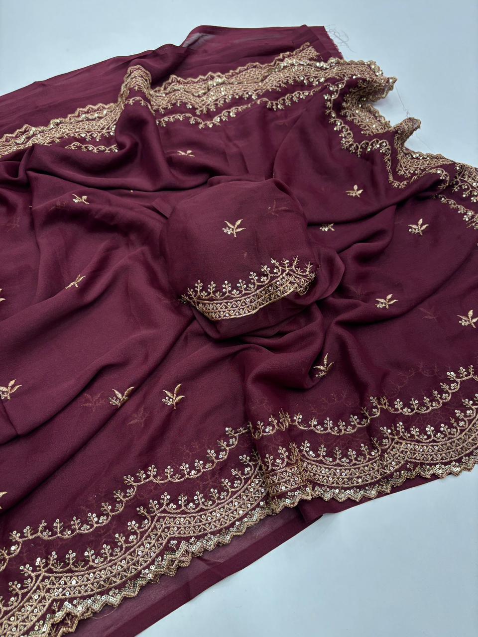 Charming Party Wear Pure Soft Georgette Silk Sequence n Embroidery Work Designer Saree For Wedding