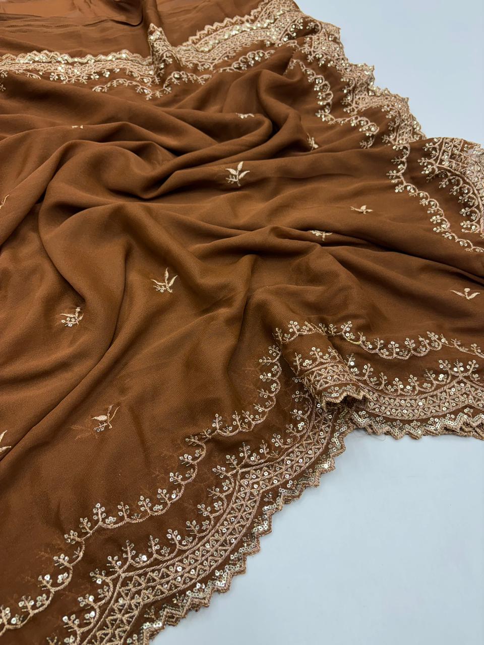 Charming Party Wear Pure Soft Georgette Silk Sequence n Embroidery Work Designer Saree For Wedding