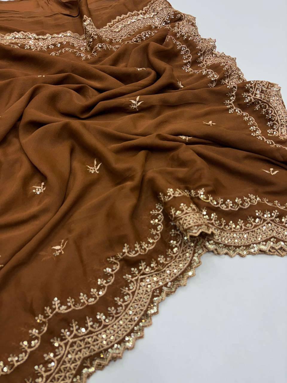 Charming Party Wear Pure Soft Georgette Silk Sequence n Embroidery Work Designer Saree For Wedding