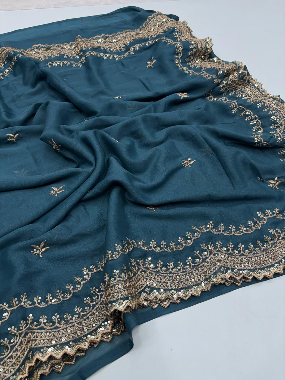 Charming Party Wear Pure Soft Georgette Silk Sequence n Embroidery Work Designer Saree For Wedding