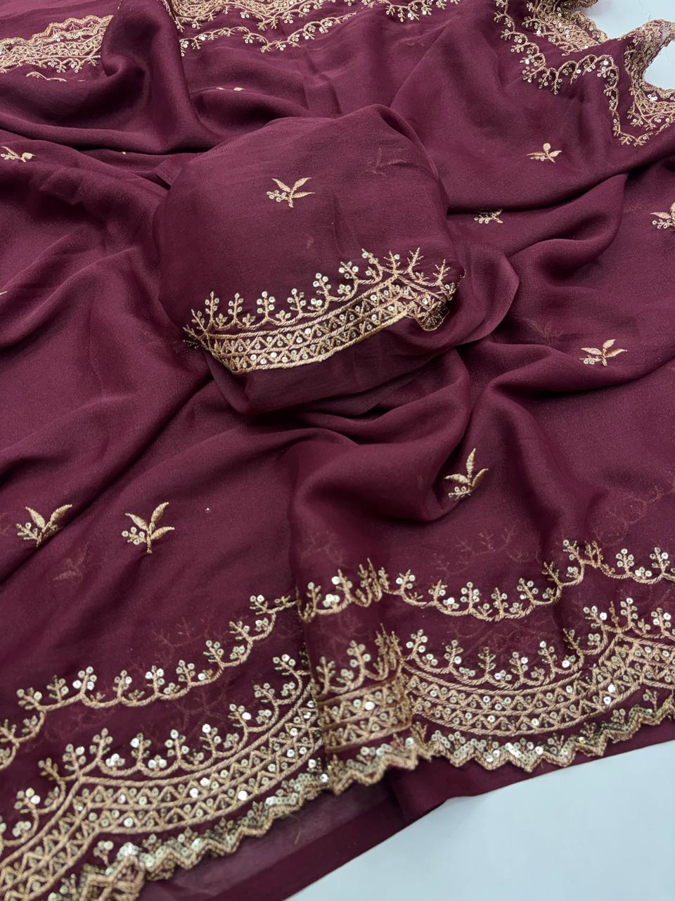 Charming Party Wear Pure Soft Georgette Silk Sequence n Embroidery Work Designer Saree For Wedding