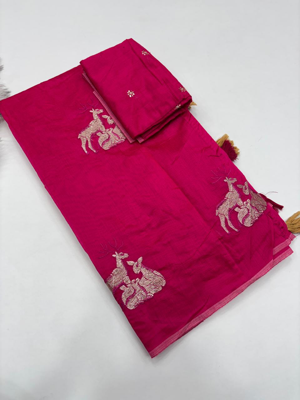 Fantabulous Party Wear Chanderi Cotton Embroidery n Tussels Work Fancy Designer Saree With Blouse Piece