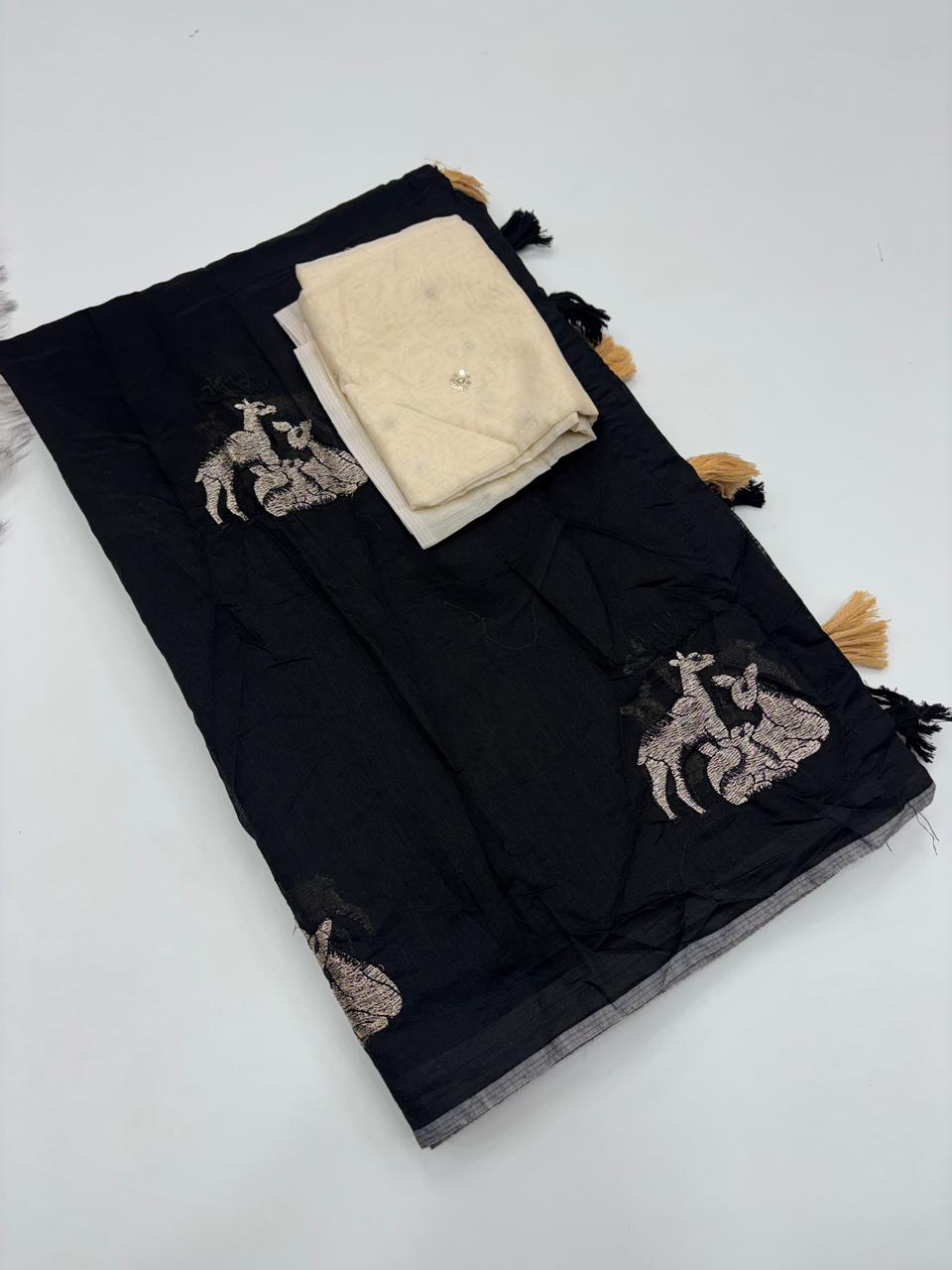 Fantabulous Party Wear Chanderi Cotton Embroidery n Tussels Work Fancy Designer Saree With Blouse Piece