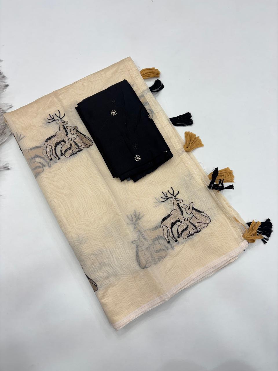 Fantabulous Party Wear Chanderi Cotton Embroidery n Tussels Work Fancy Designer Saree With Blouse Piece