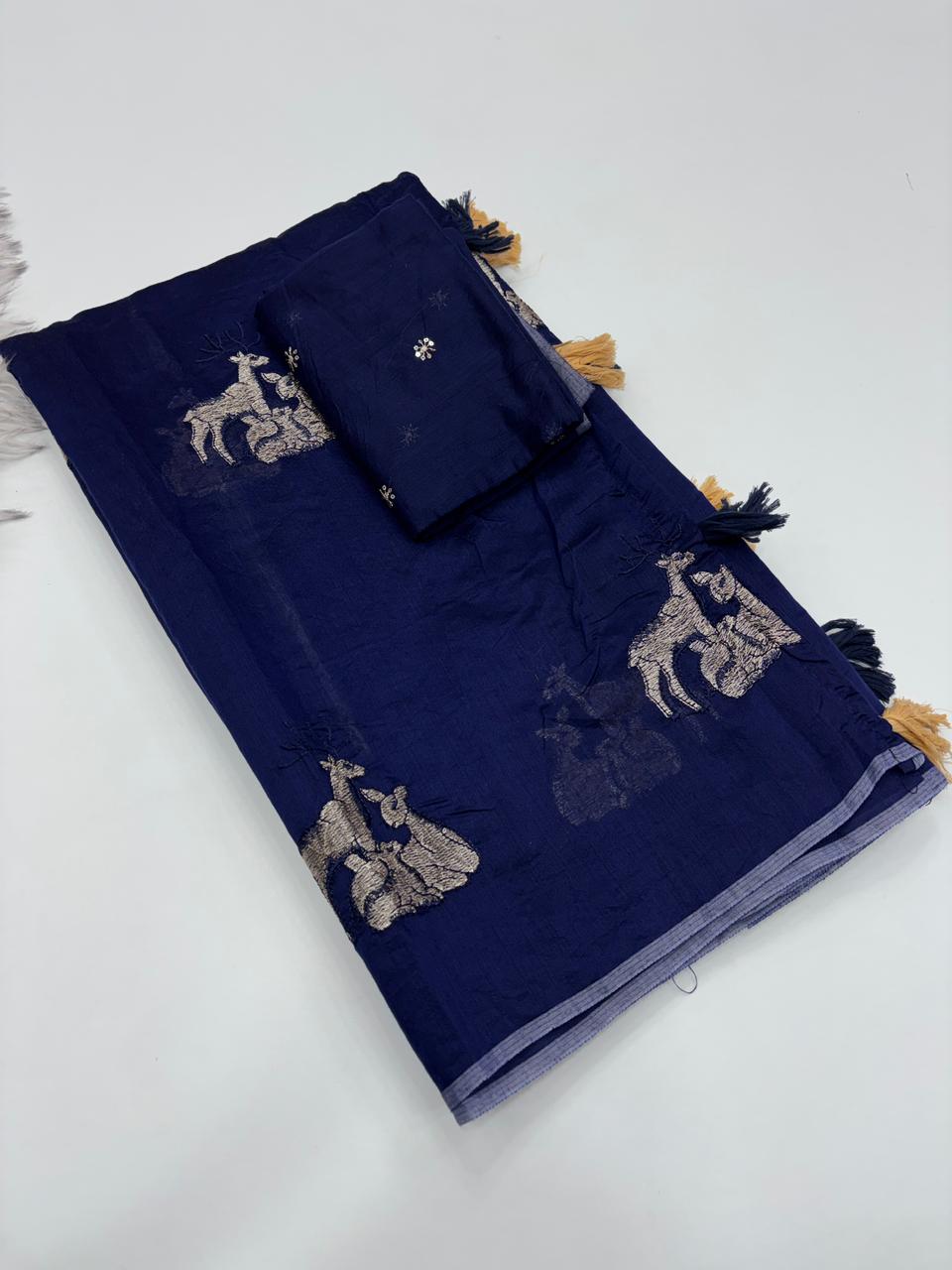 Fantabulous Party Wear Chanderi Cotton Embroidery n Tussels Work Fancy Designer Saree With Blouse Piece
