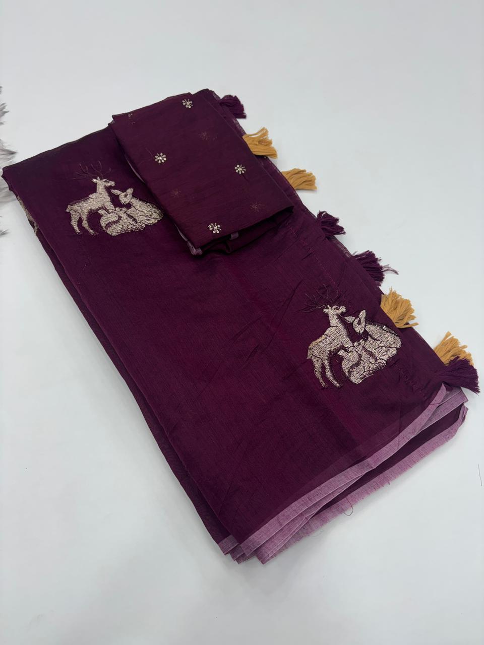 Fantabulous Party Wear Chanderi Cotton Embroidery n Tussels Work Fancy Designer Saree With Blouse Piece