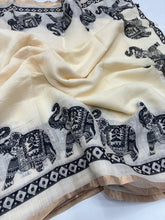 Load image into Gallery viewer, Gratifying Festive Wear Pure Soft Linen Silk Print Zari Border Fancy Saree For Women
